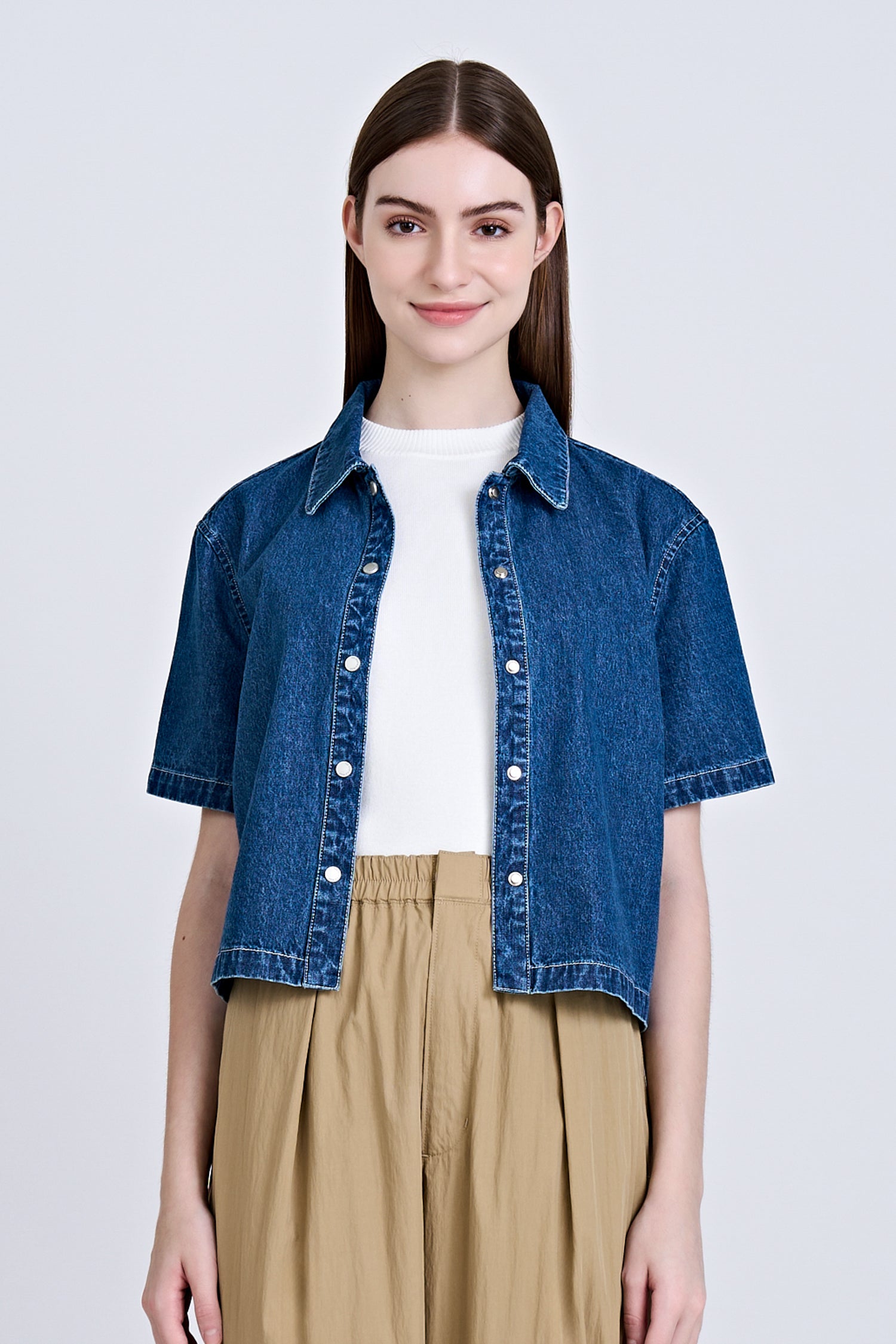 Denim Snap Button Blouse - Dark Denim