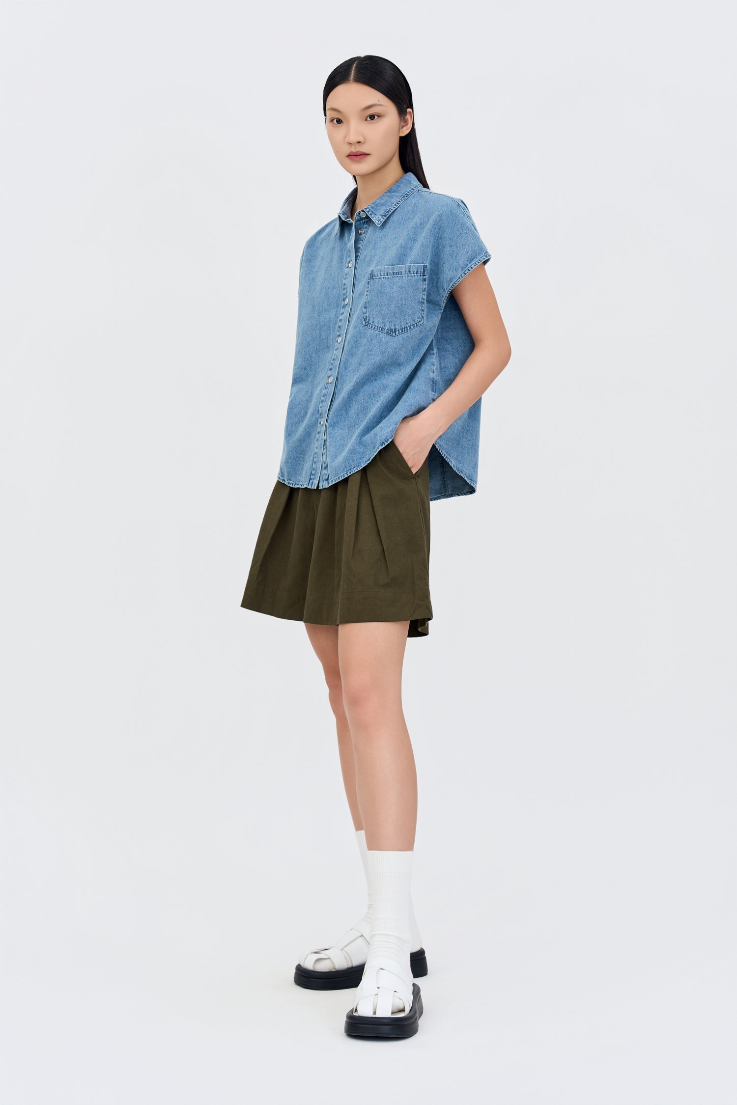 Denim Cap Sleeve Blouse - Denim