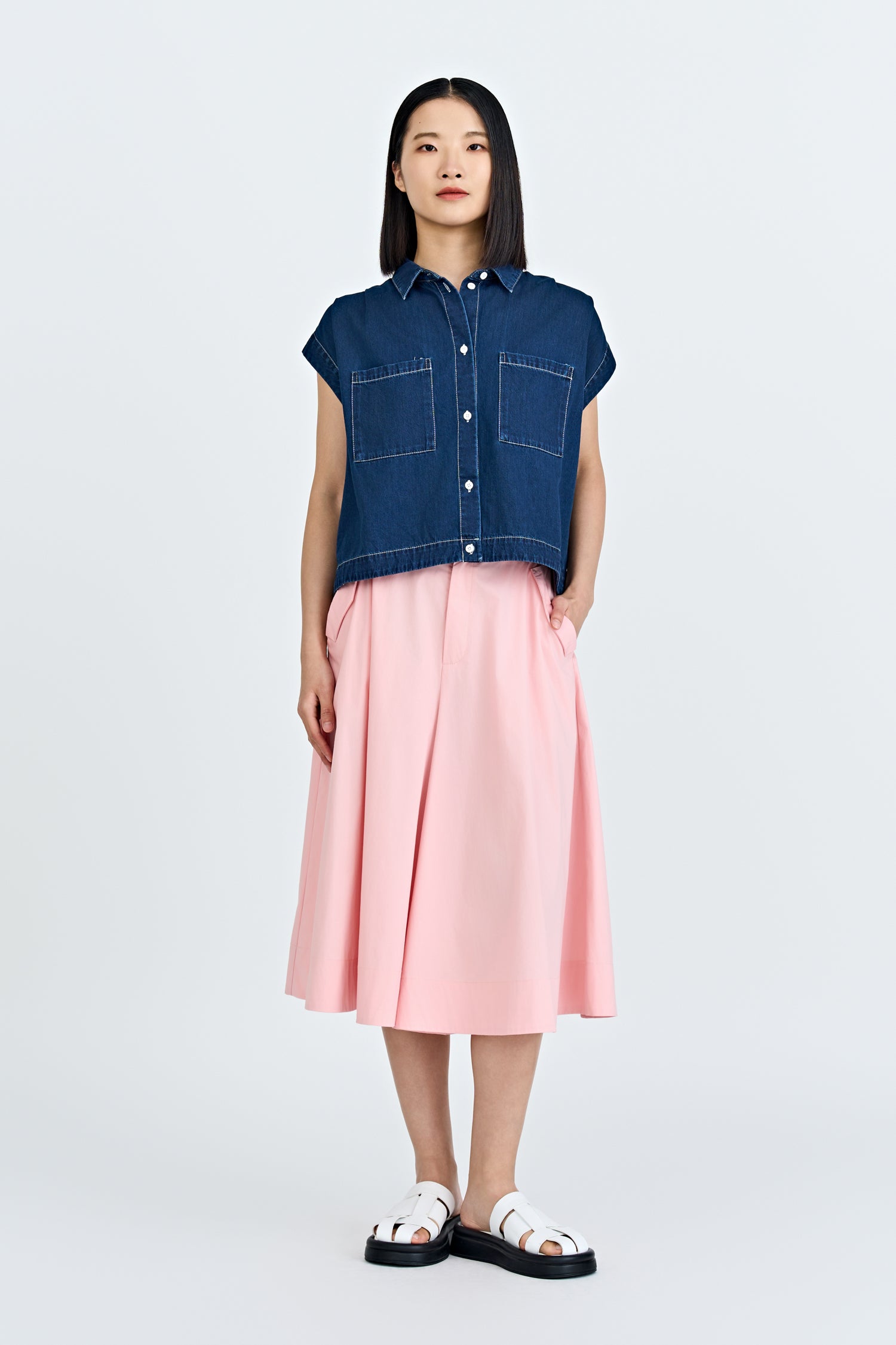 Denim Drawcord Blouse - Dark Denim