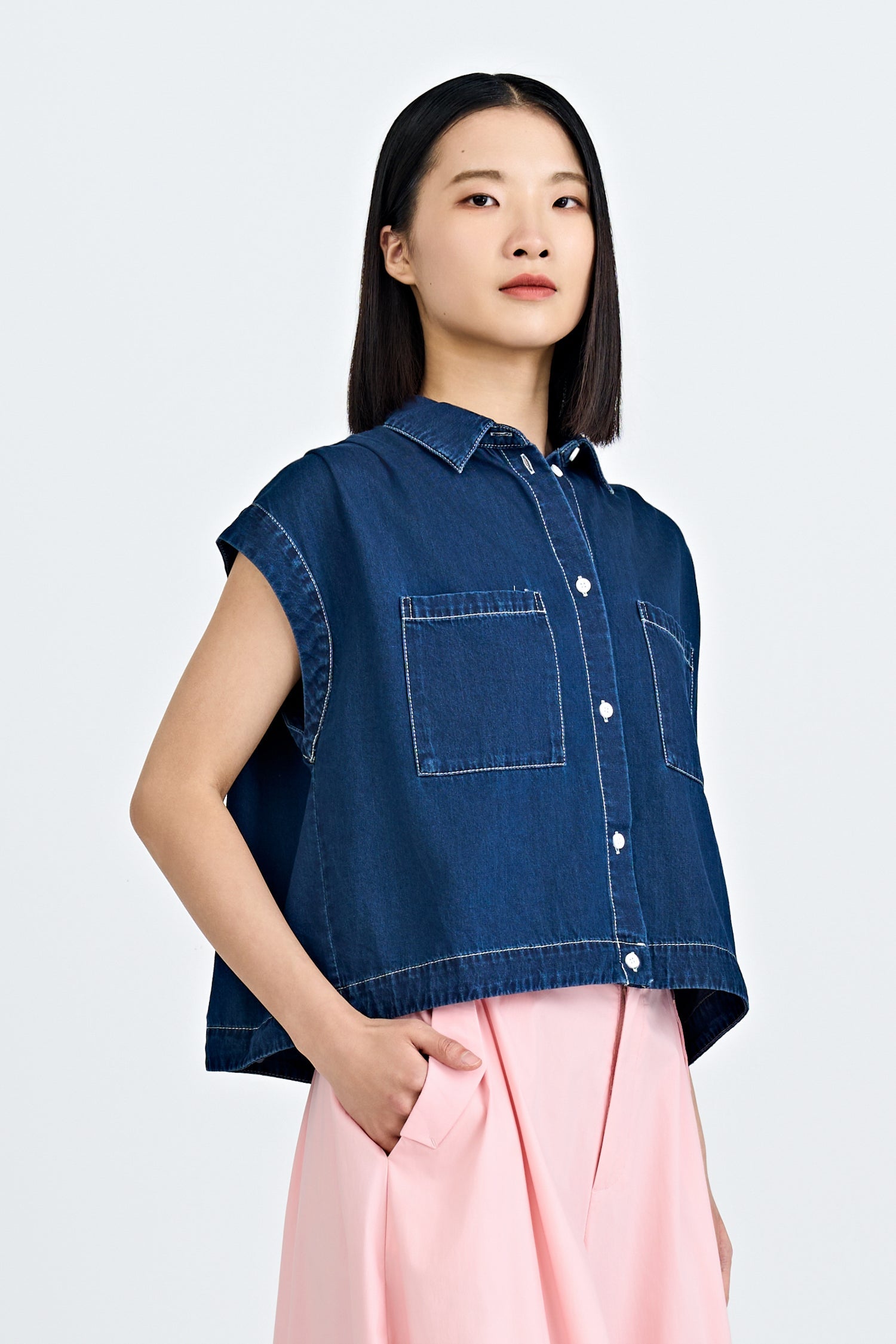 Denim Drawcord Blouse - Dark Denim