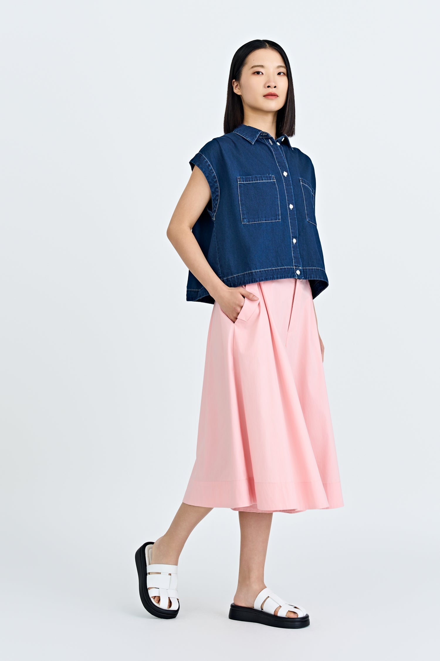 Denim Drawcord Blouse - Dark Denim
