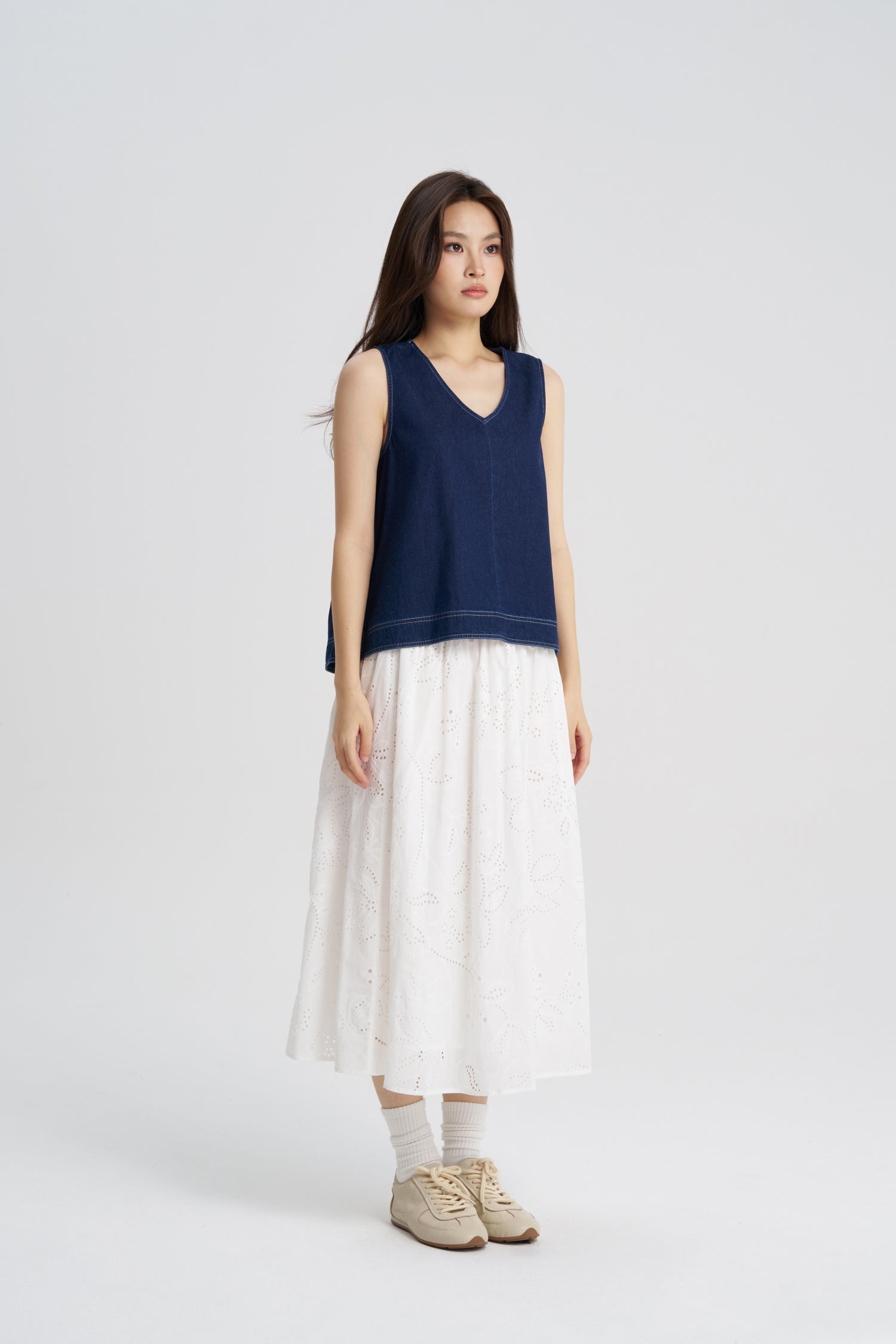 Denim V-Neck Blouse - Dark Denim