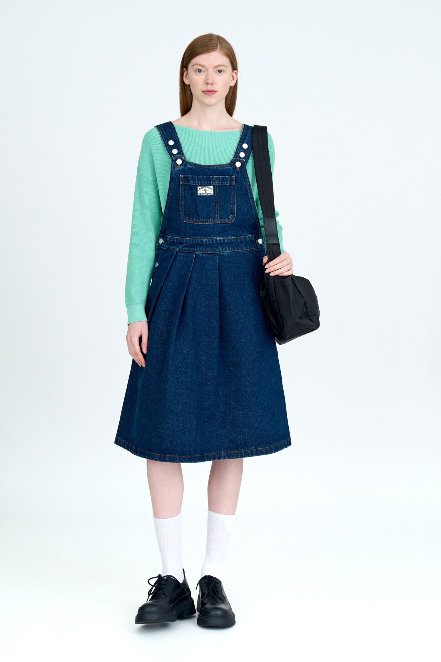 Denim Flared Dungaree Dress - Dark Denim