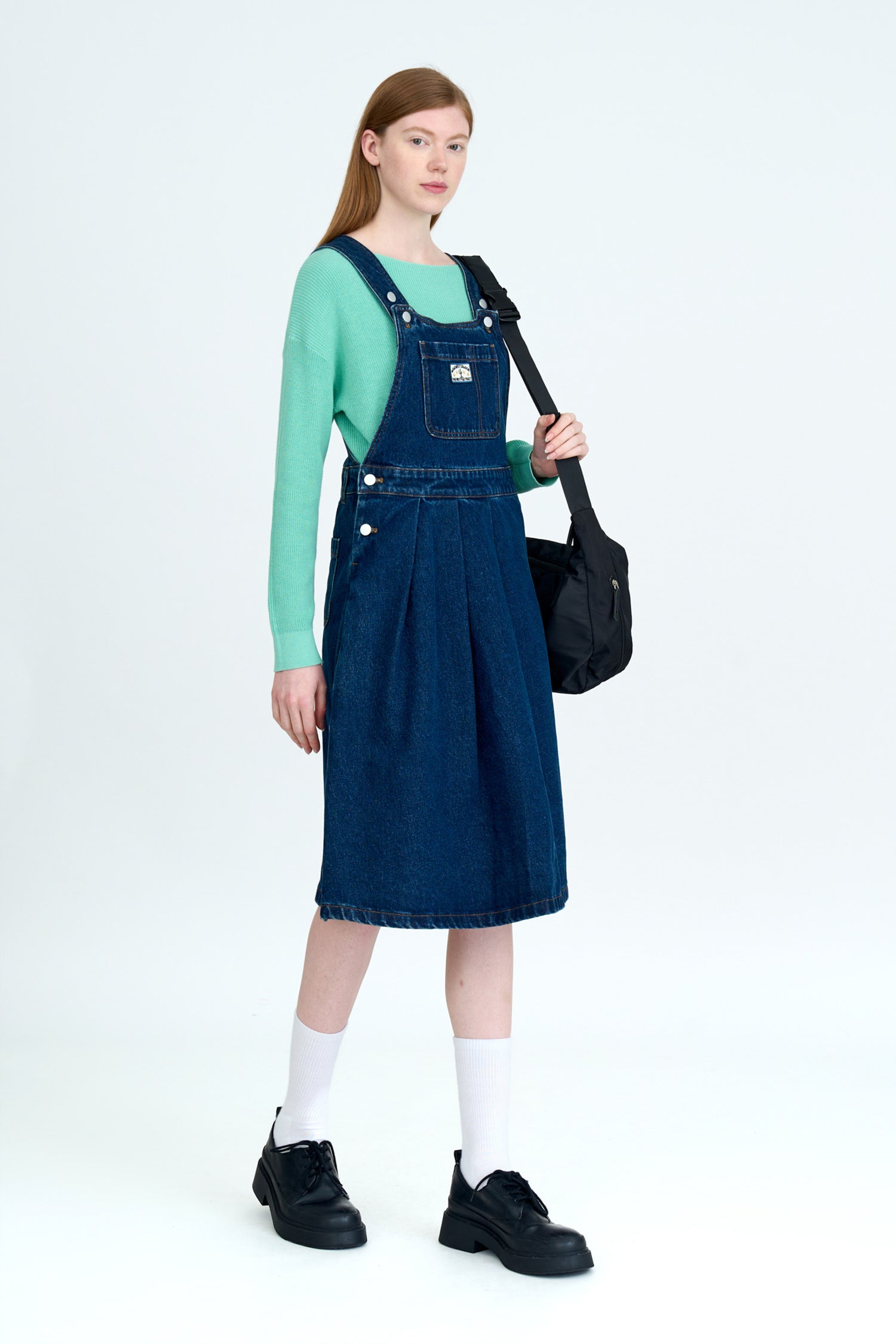 Denim Flared Dungaree Dress - Dark Denim