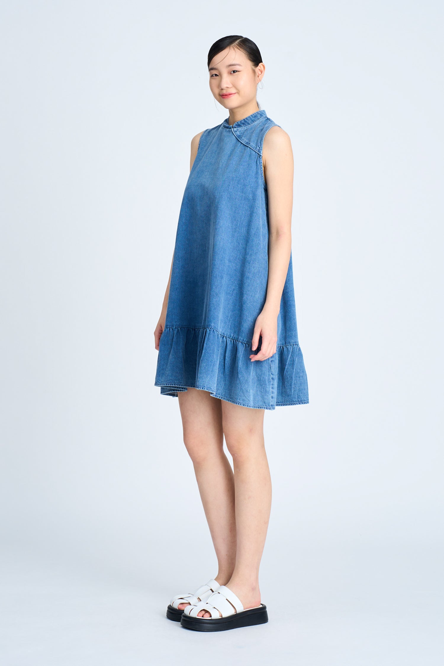 Denim Mandarin Collar Dress - Denim [AT]