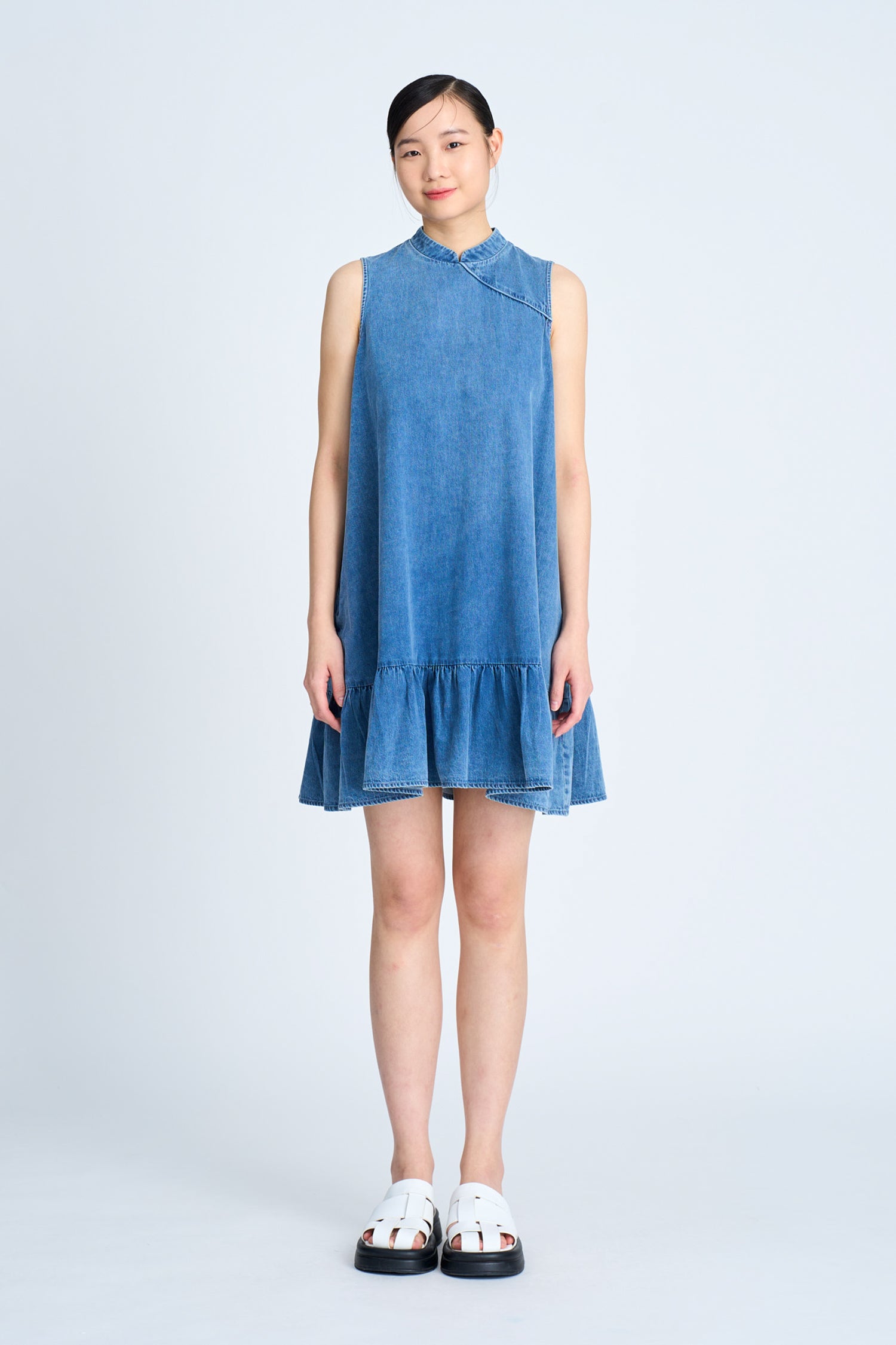 Denim Mandarin Collar Dress - Denim [AT]