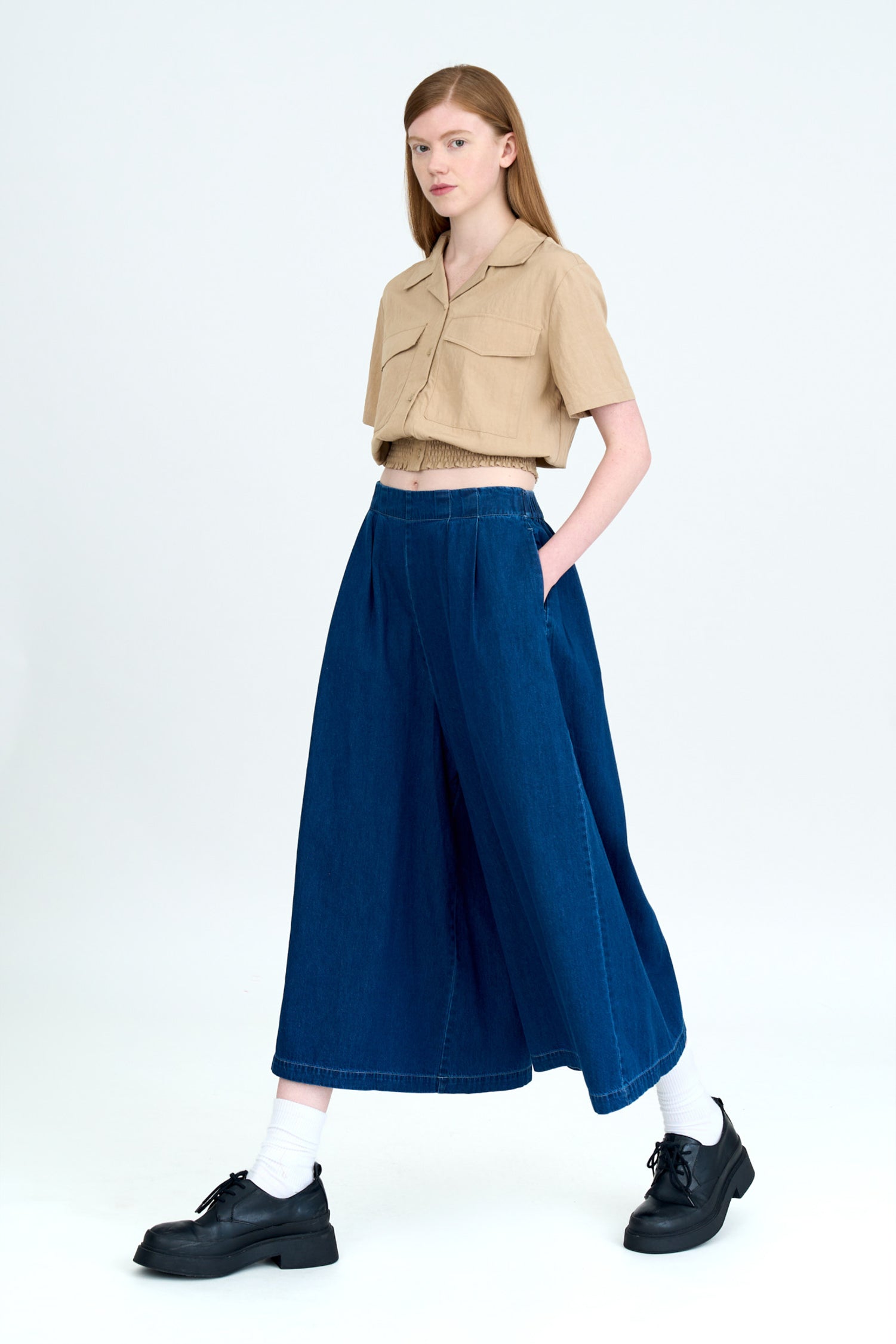 Denim Pleated Culottes - Dark Denim