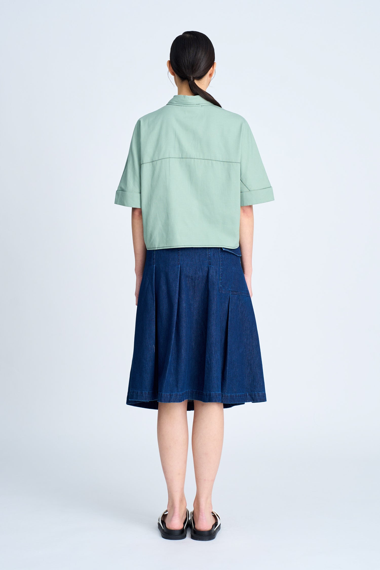 Denim Buckle Pleated Skirt - Dark Denim