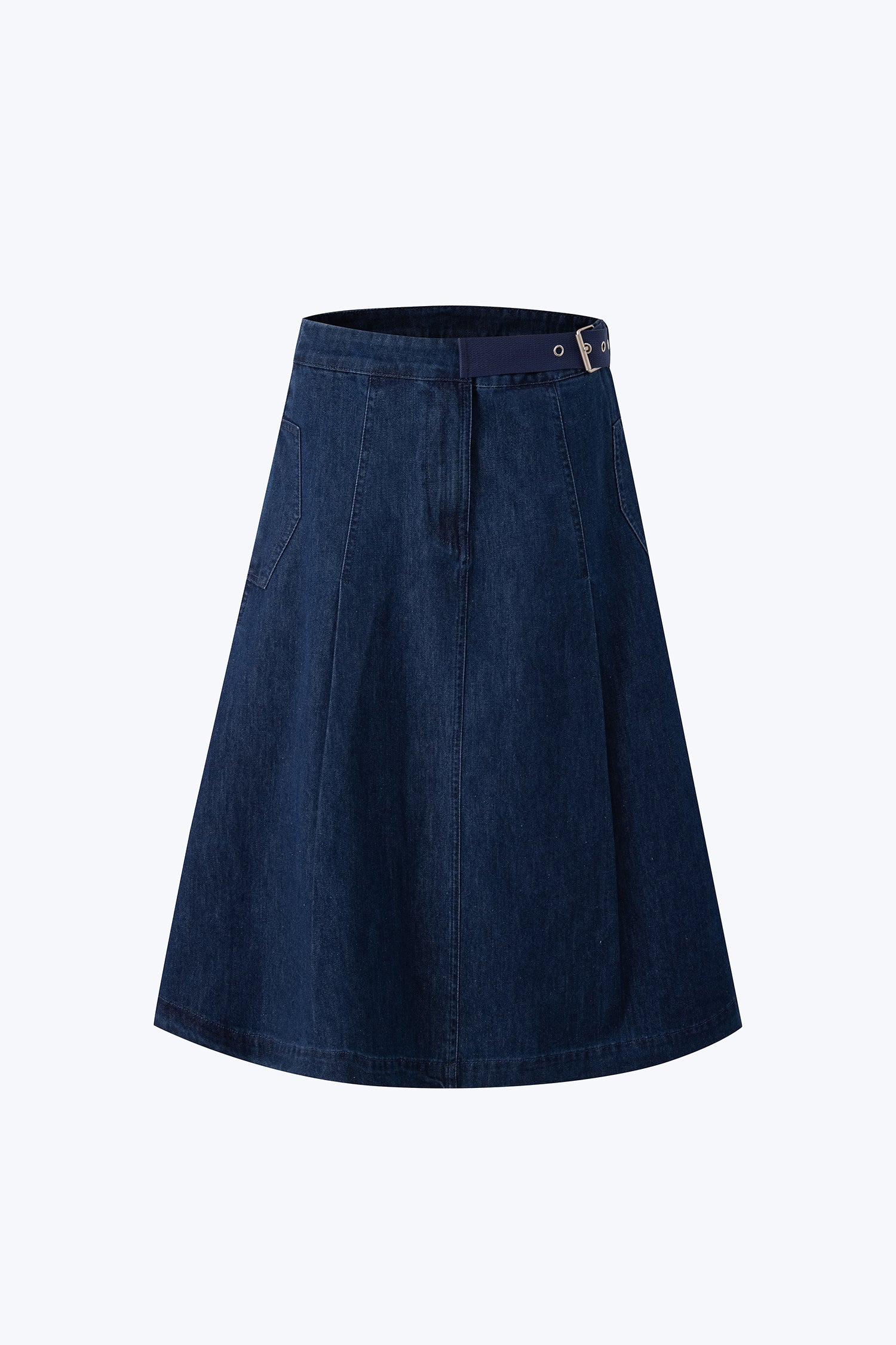 Denim Buckle Pleated Skirt - Dark Denim