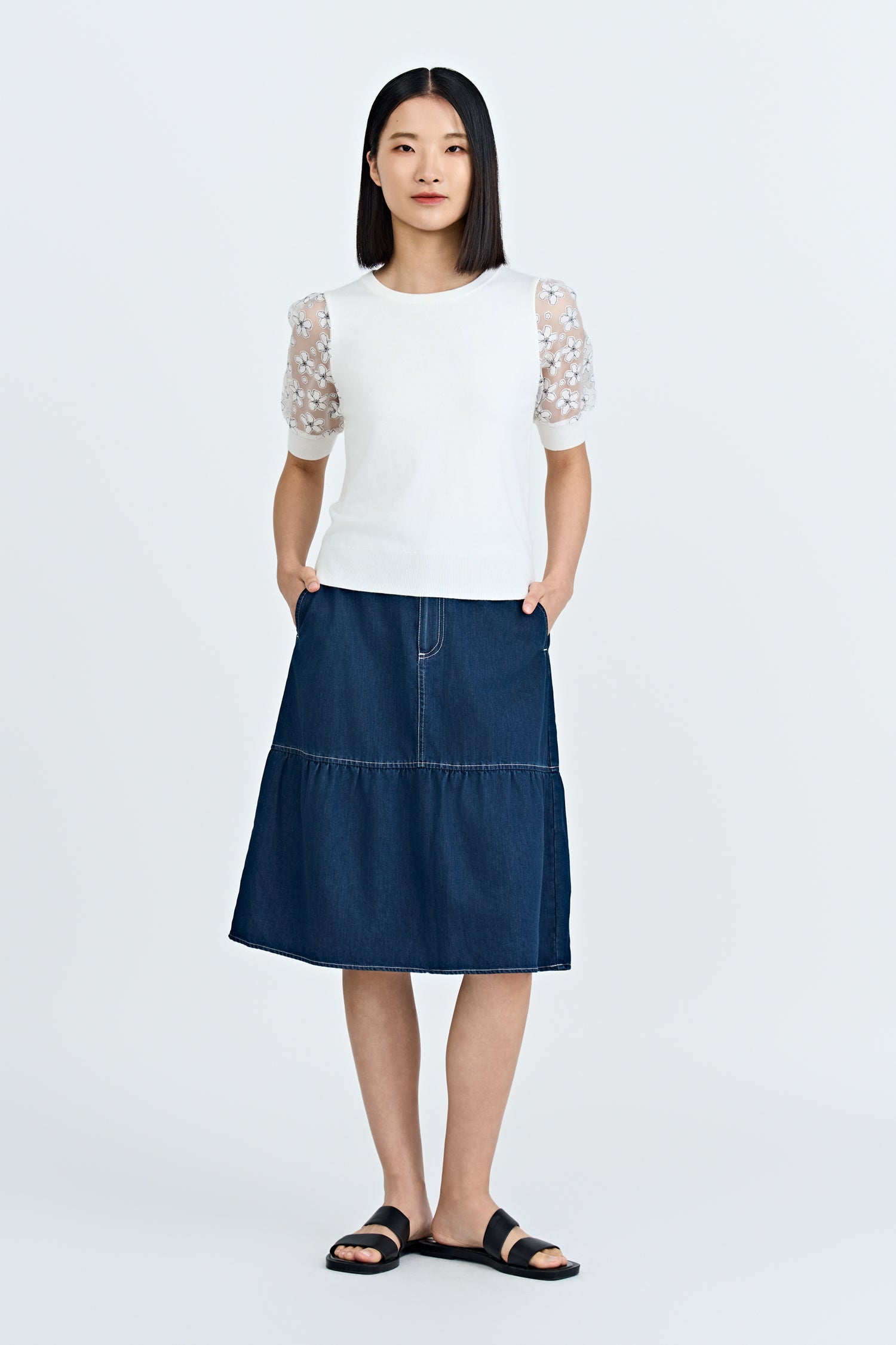 Denim Ruffle Hem Skirt - Dark Denim