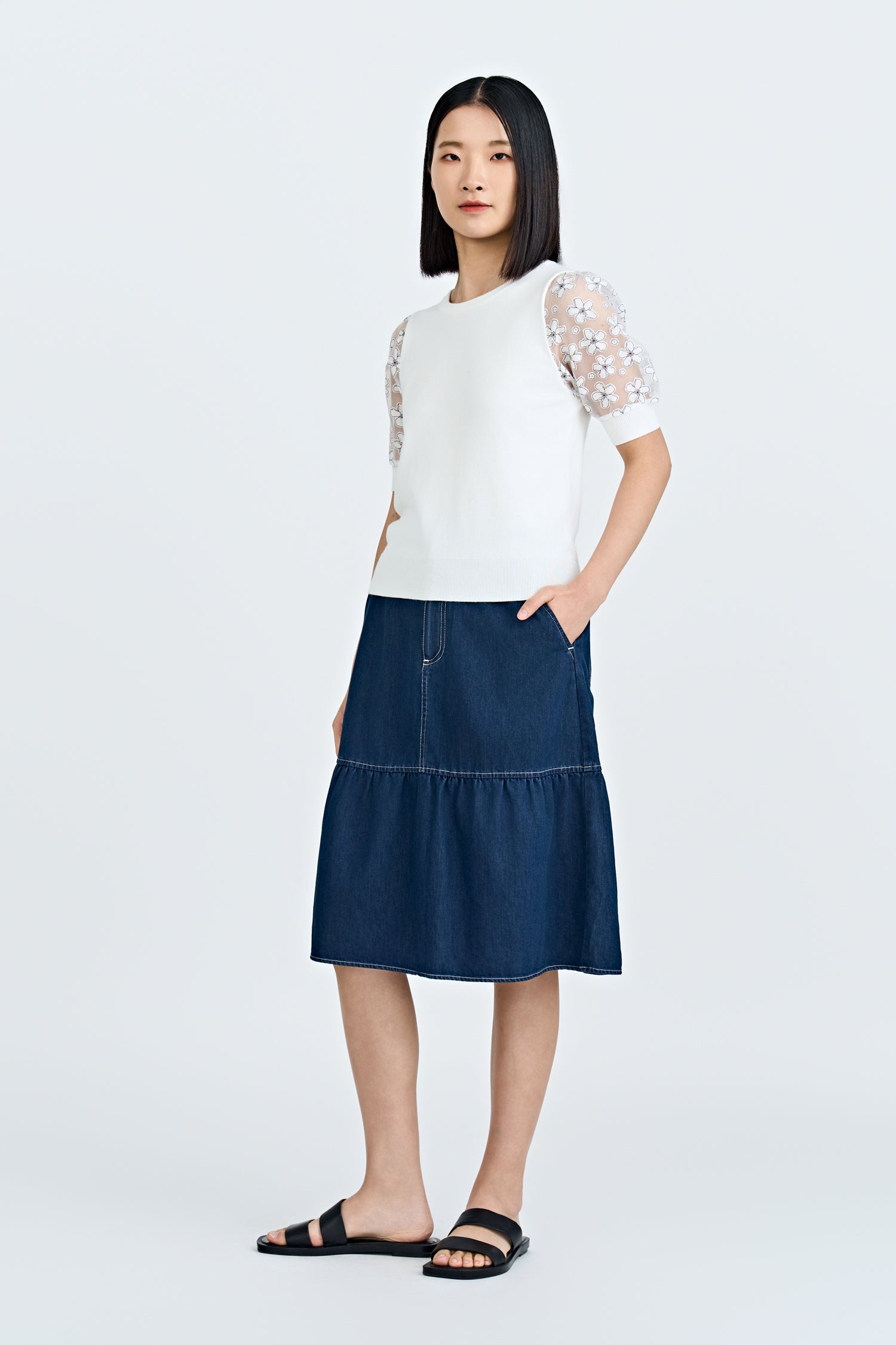 Denim Ruffle Hem Skirt - Dark Denim