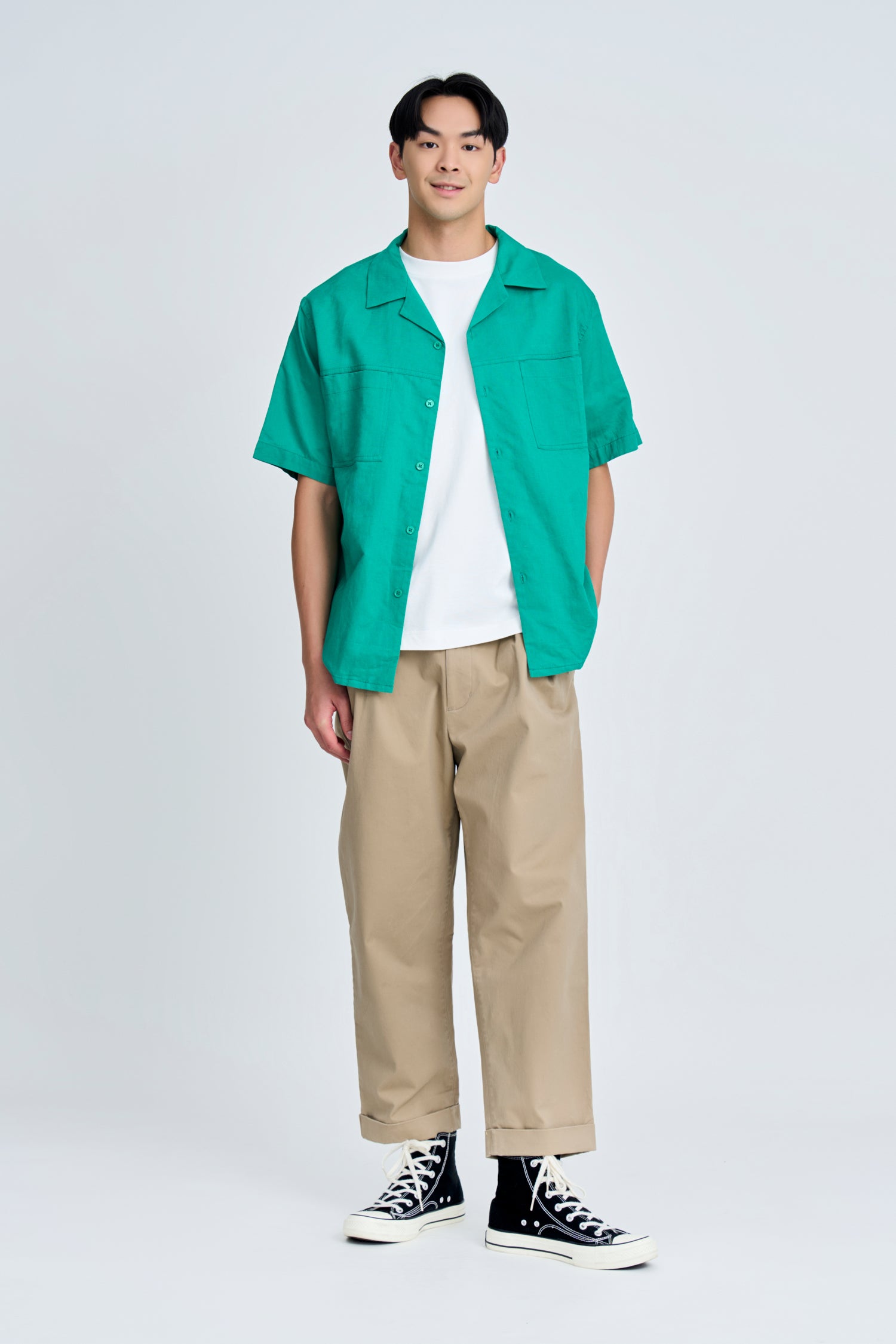 Relaxed-Fit Open Collar Shirt - Forest Green [AT]