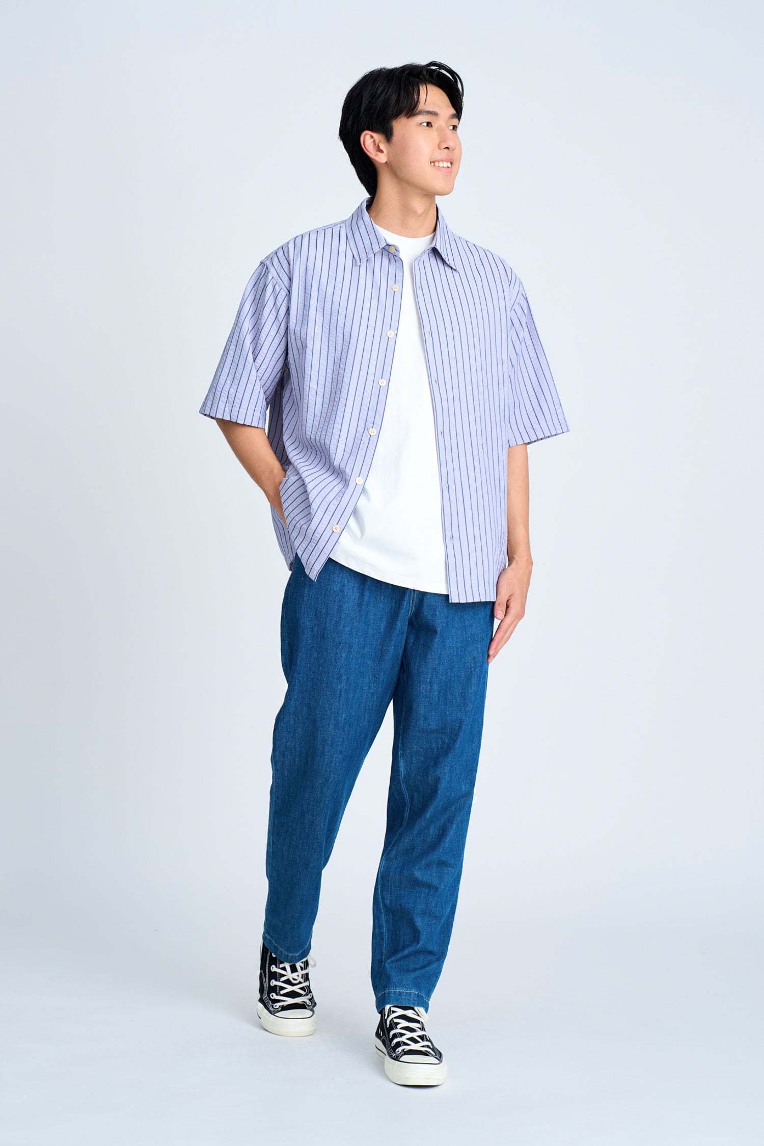 Seersucker Stripes Relaxed Cut Shirt - Stripes Blue [AT]