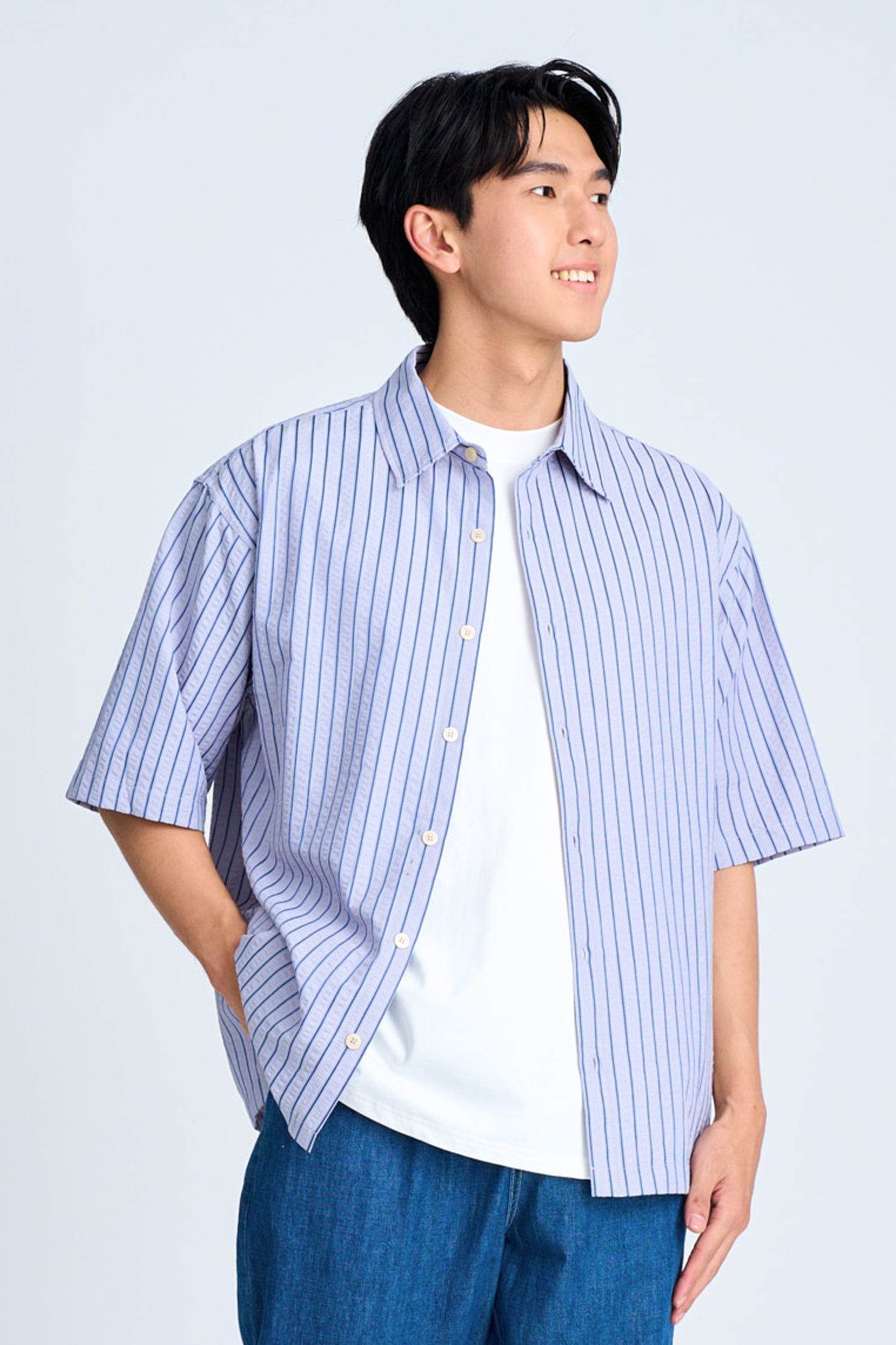 Seersucker Stripes Relaxed Cut Shirt - Stripes Blue [AT]