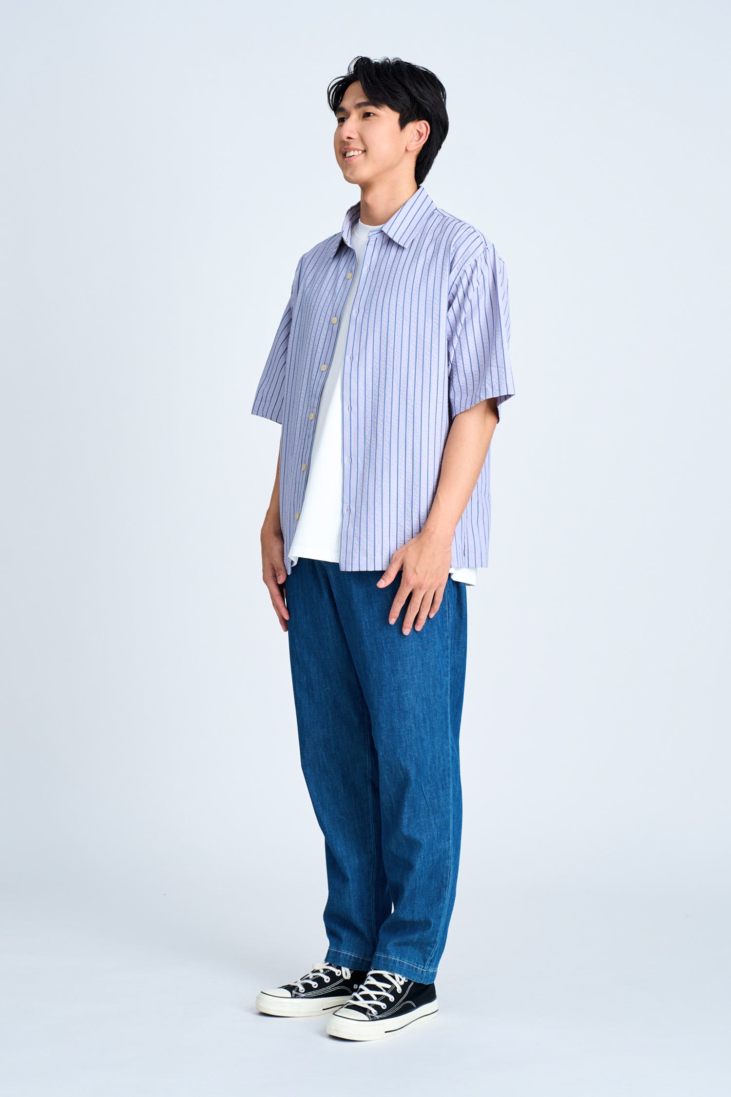 Seersucker Stripes Relaxed Cut Shirt - Stripes Blue [AT]