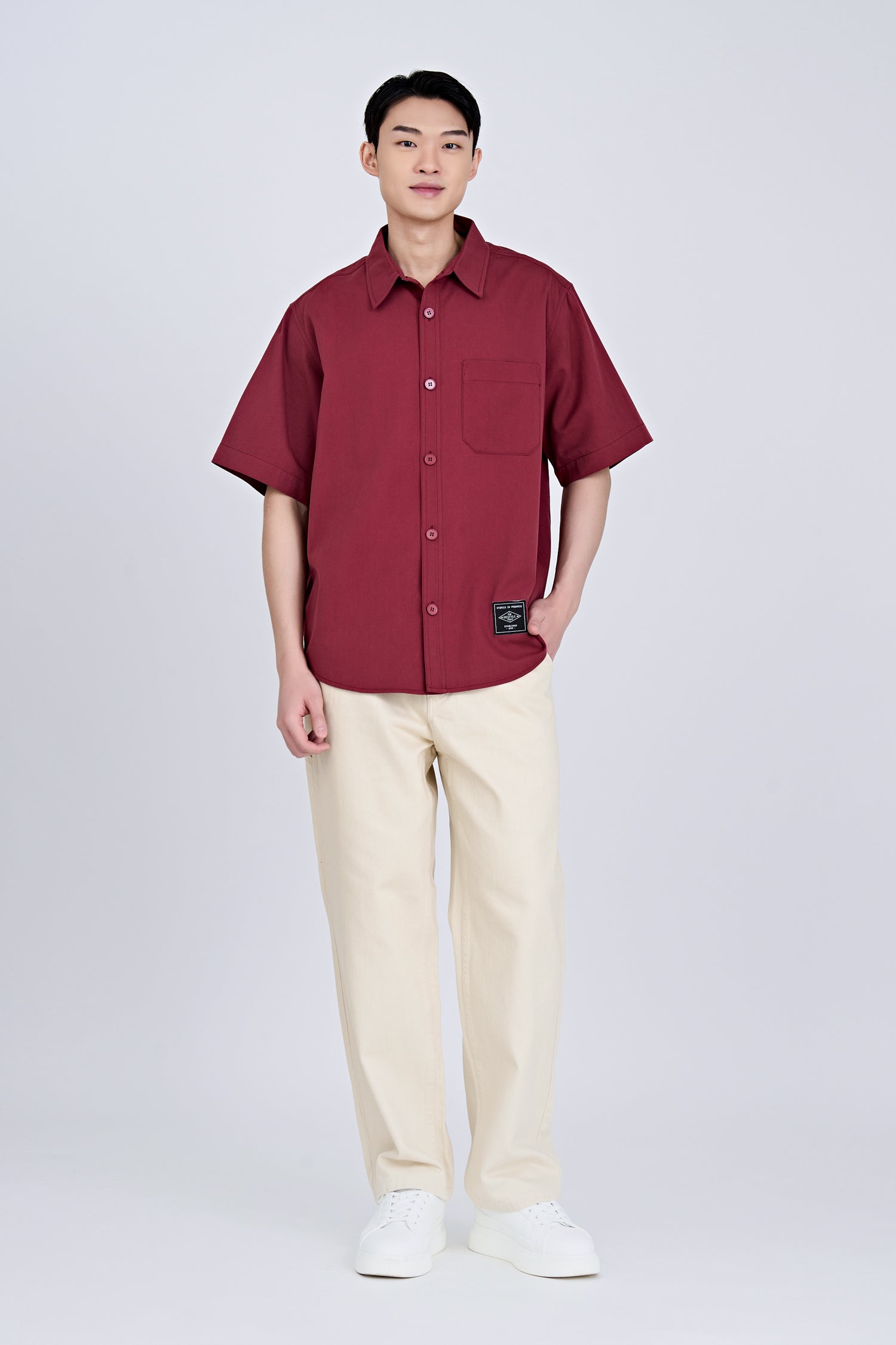 Oversized Shirt With Label At Hem - Maroon [AT]