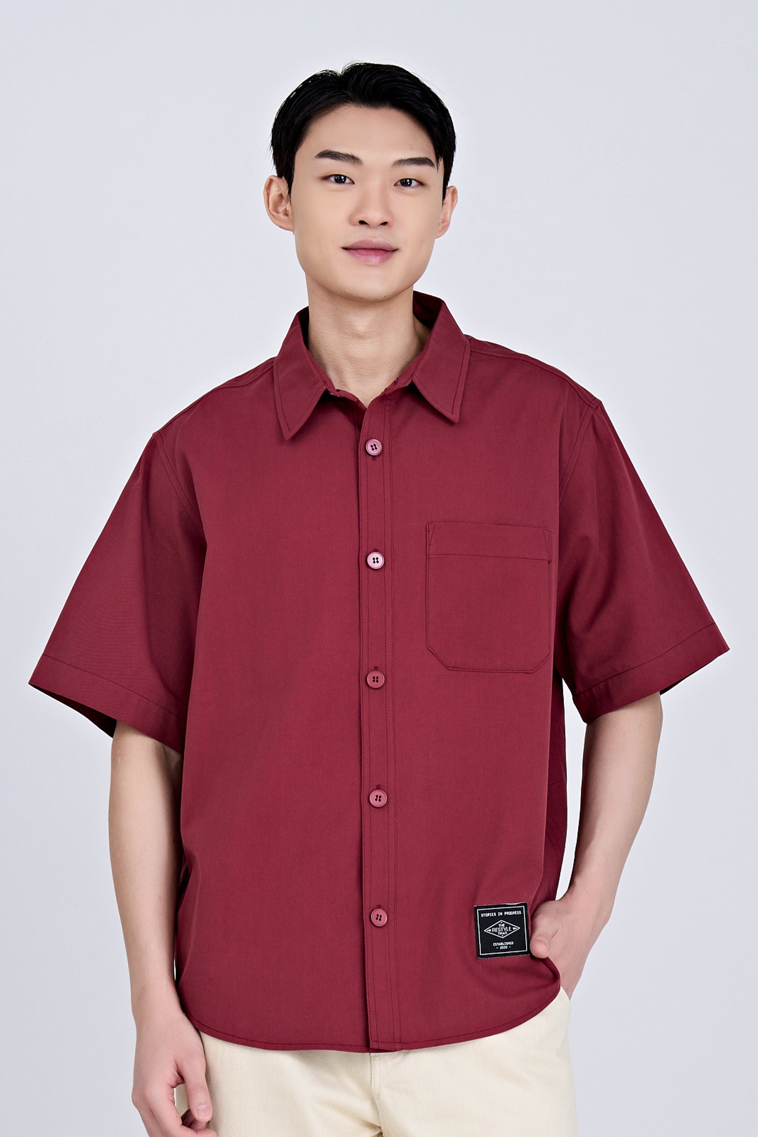 Oversized Shirt With Label At Hem - Maroon [AT]