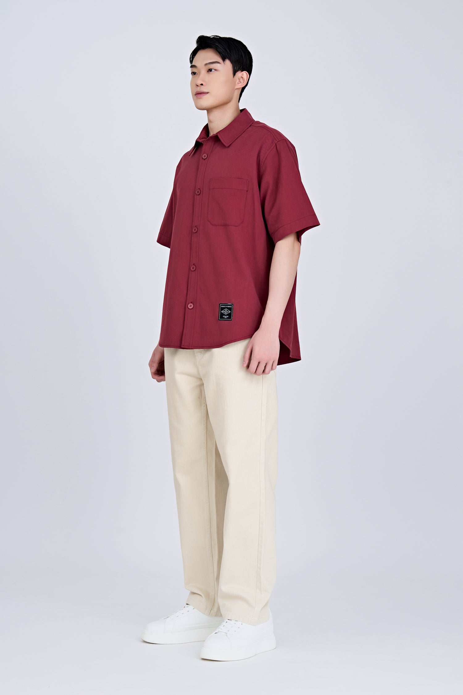 Oversized Shirt With Label At Hem - Maroon [AT]