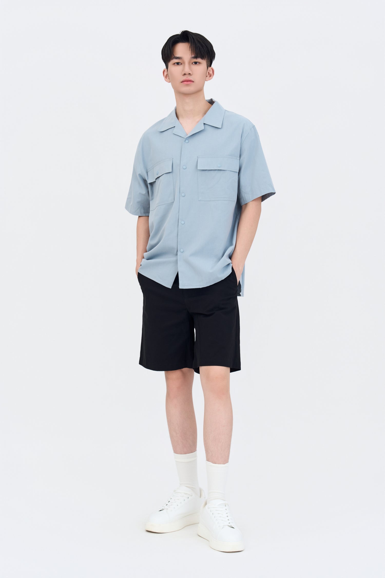 Relaxed-Fit Flapped Pocket Cuban Collar Top - Dusty Blue