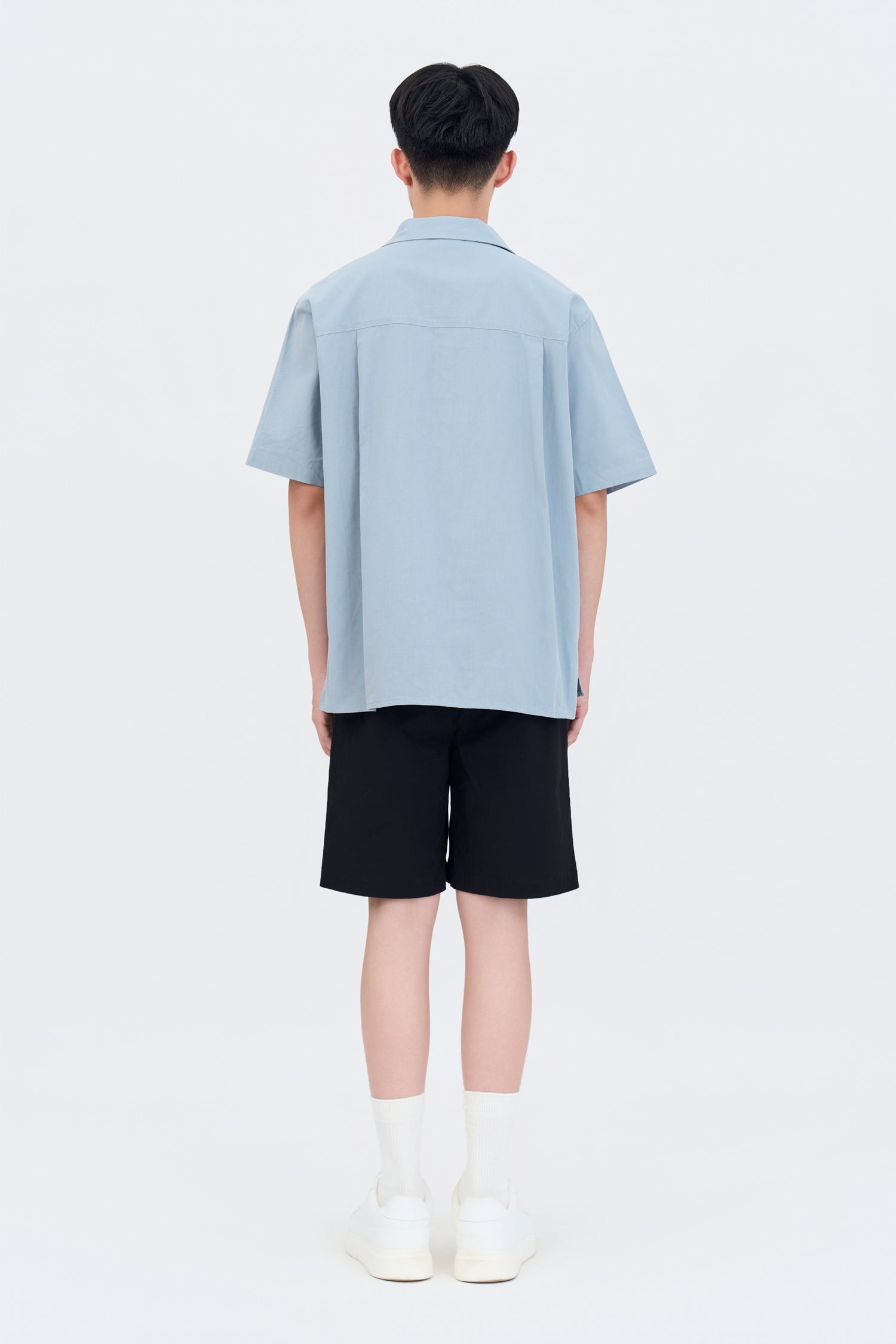 Relaxed-Fit Flapped Pocket Cuban Collar Top - Dusty Blue