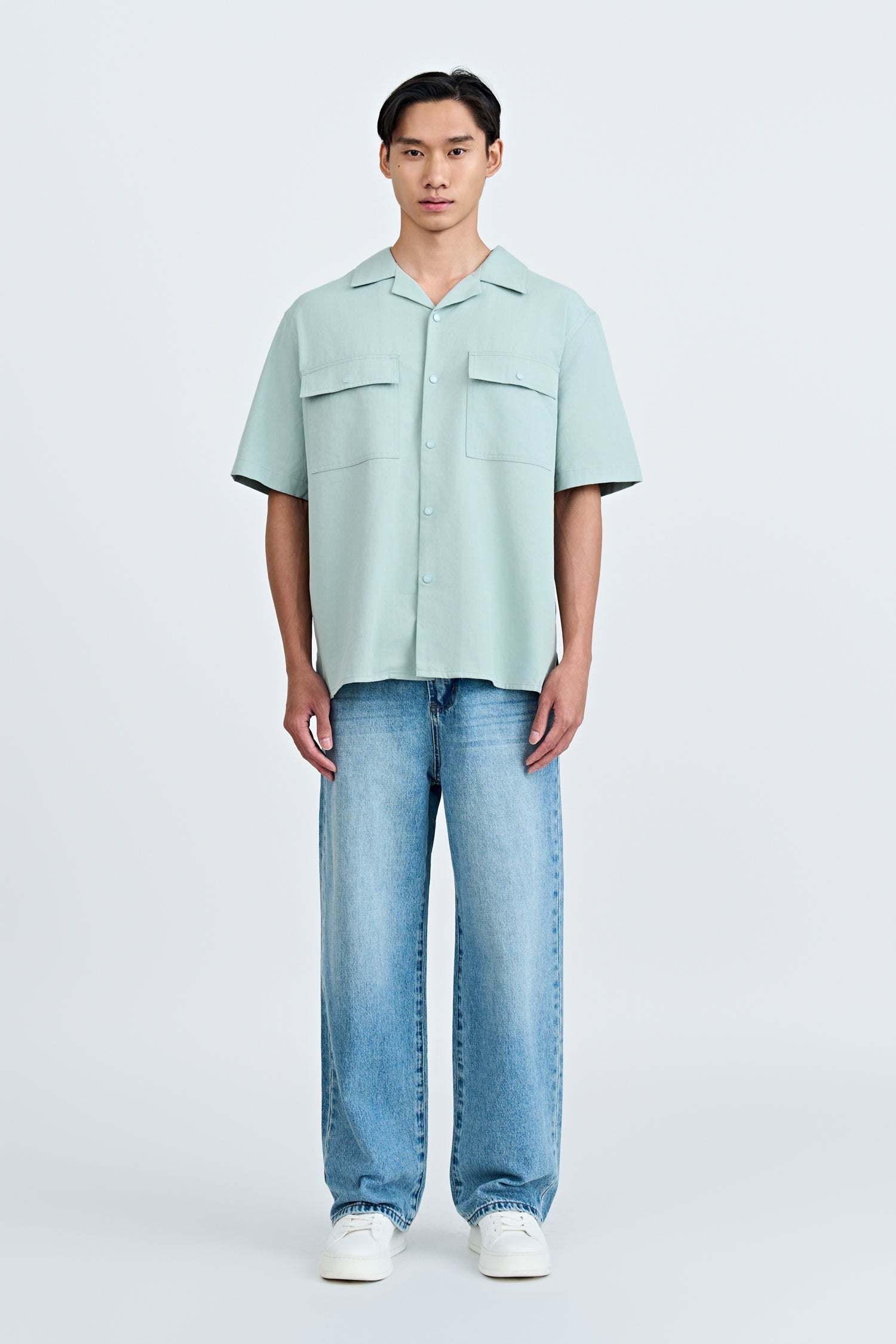 Relaxed-Fit Flapped Pocket Cuban Collar Top - Mint [AT]