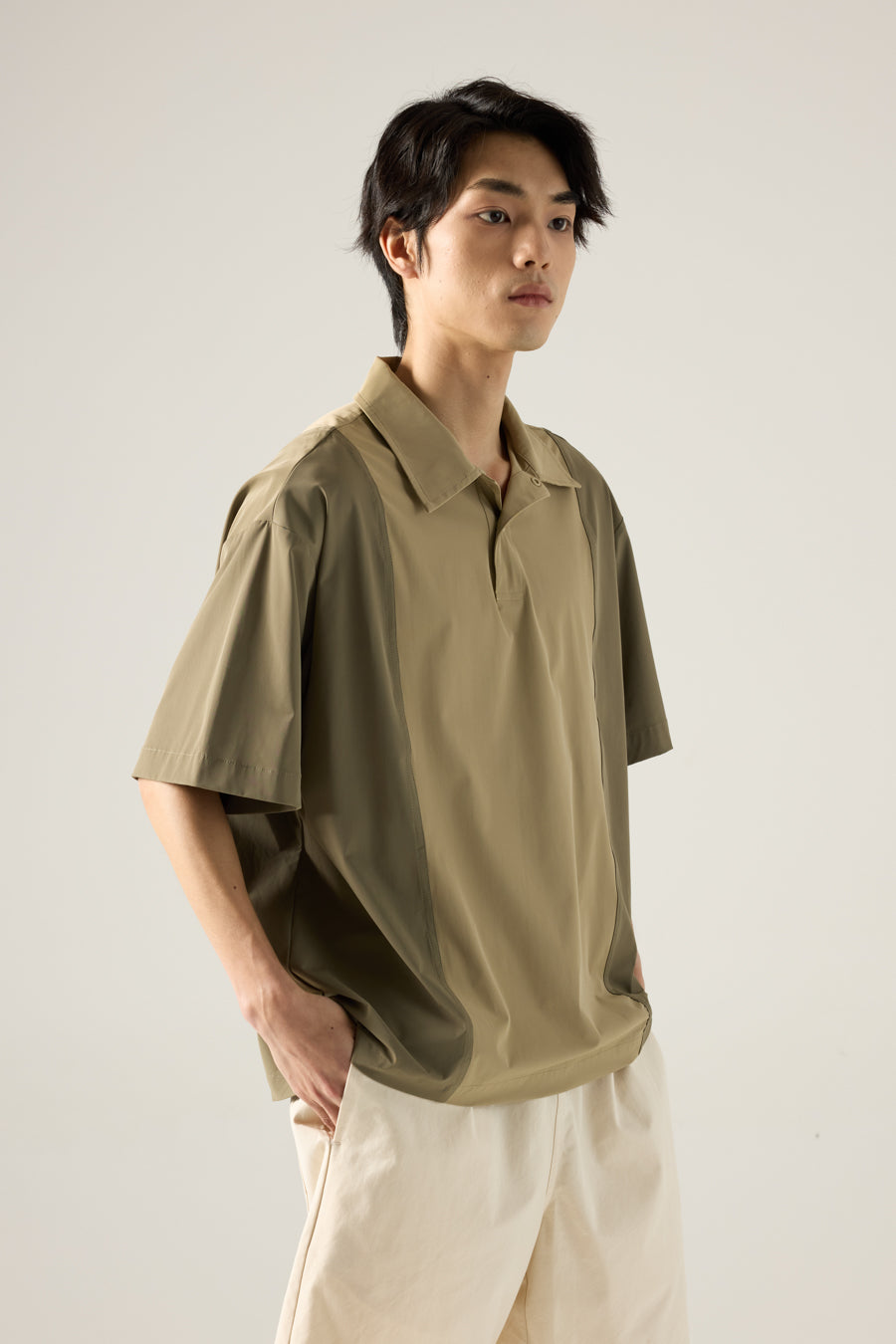 Panel Zip Placket Shirt - Khaki