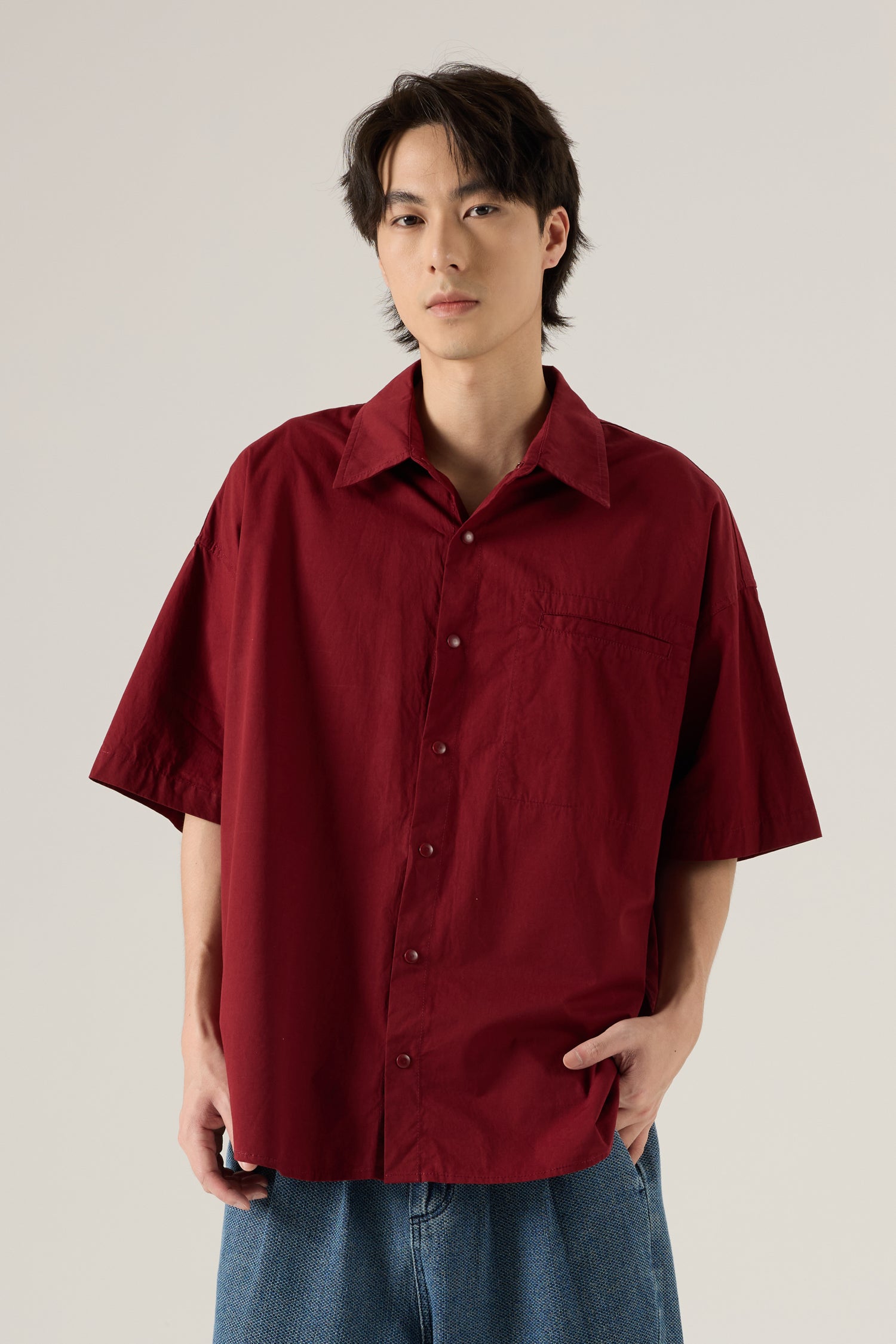 Welt Pocket Oversized Shirt - Burgundy