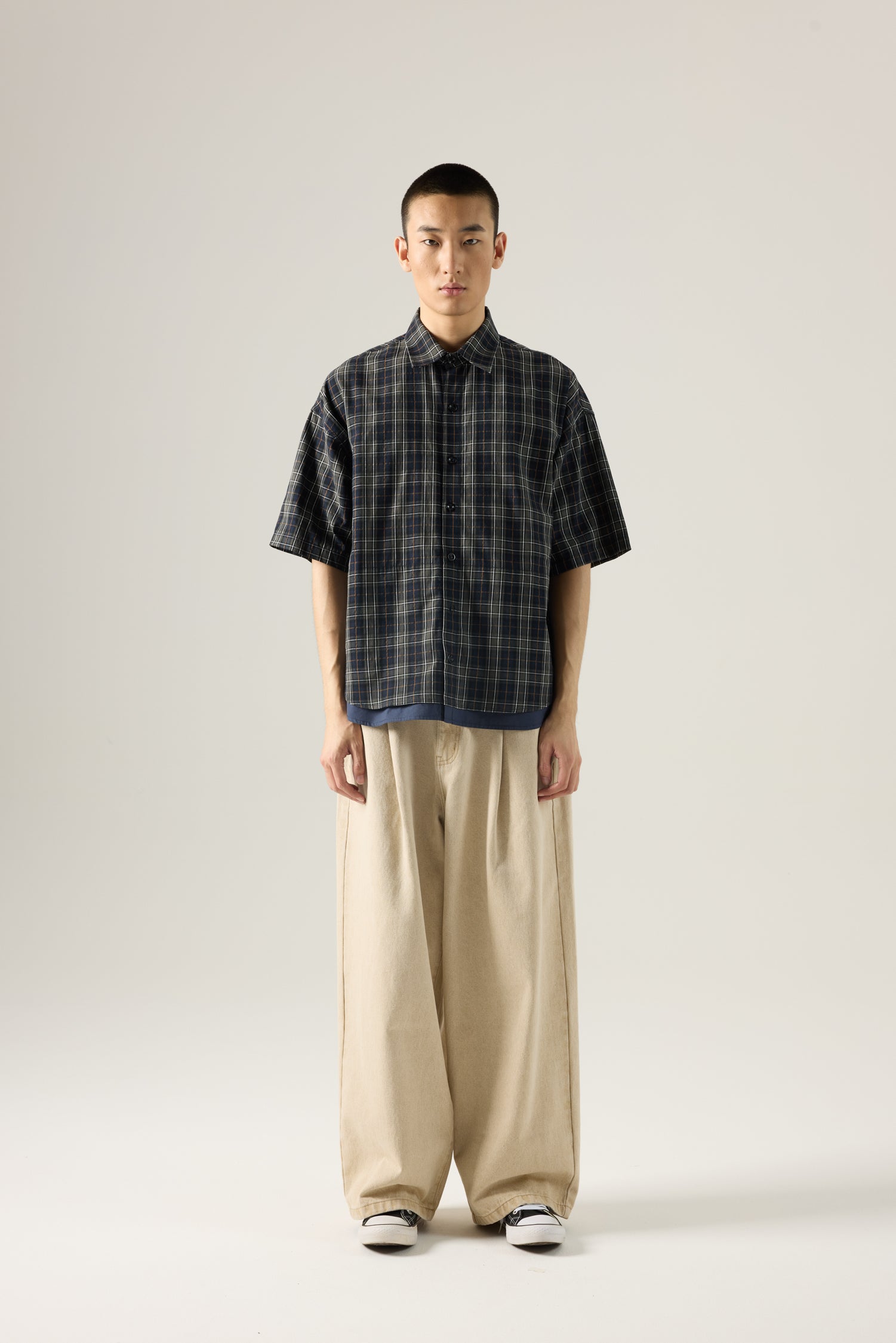 Layered Hem Checked Shirt - Checkered Navy