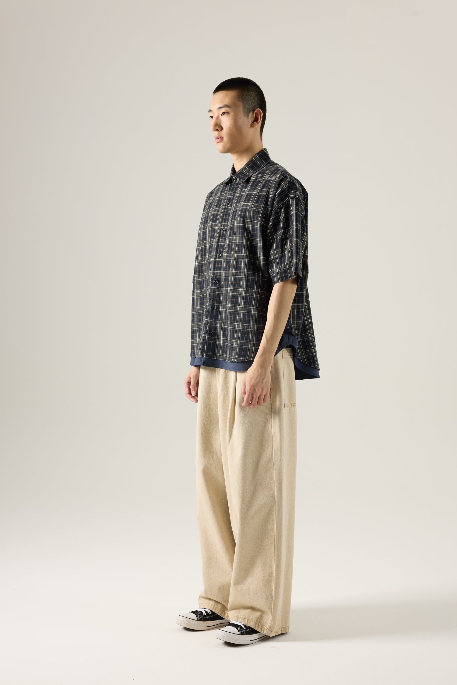 Layered Hem Checked Shirt - Checkered Navy