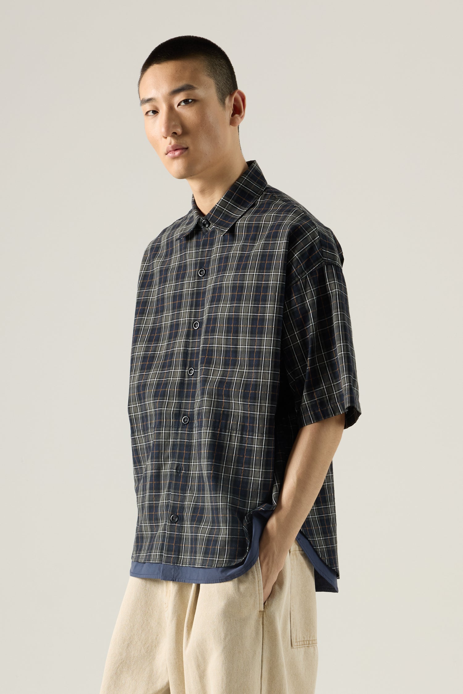 Layered Hem Checked Shirt - Checkered Navy