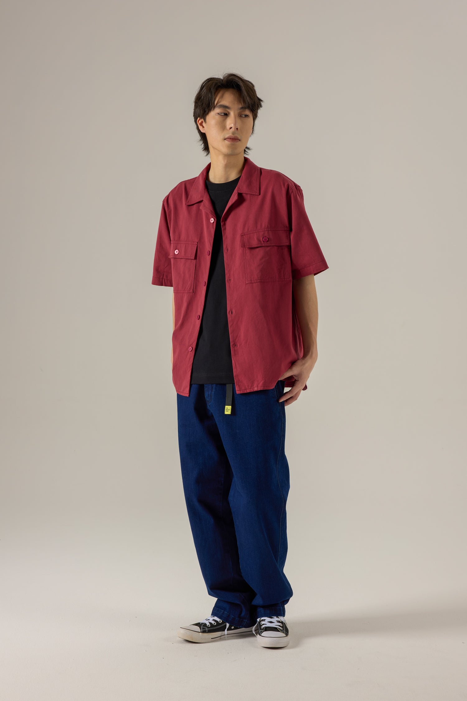 Relaxed-Fit Flapped Pocket Cuban Collar Top - Maroon