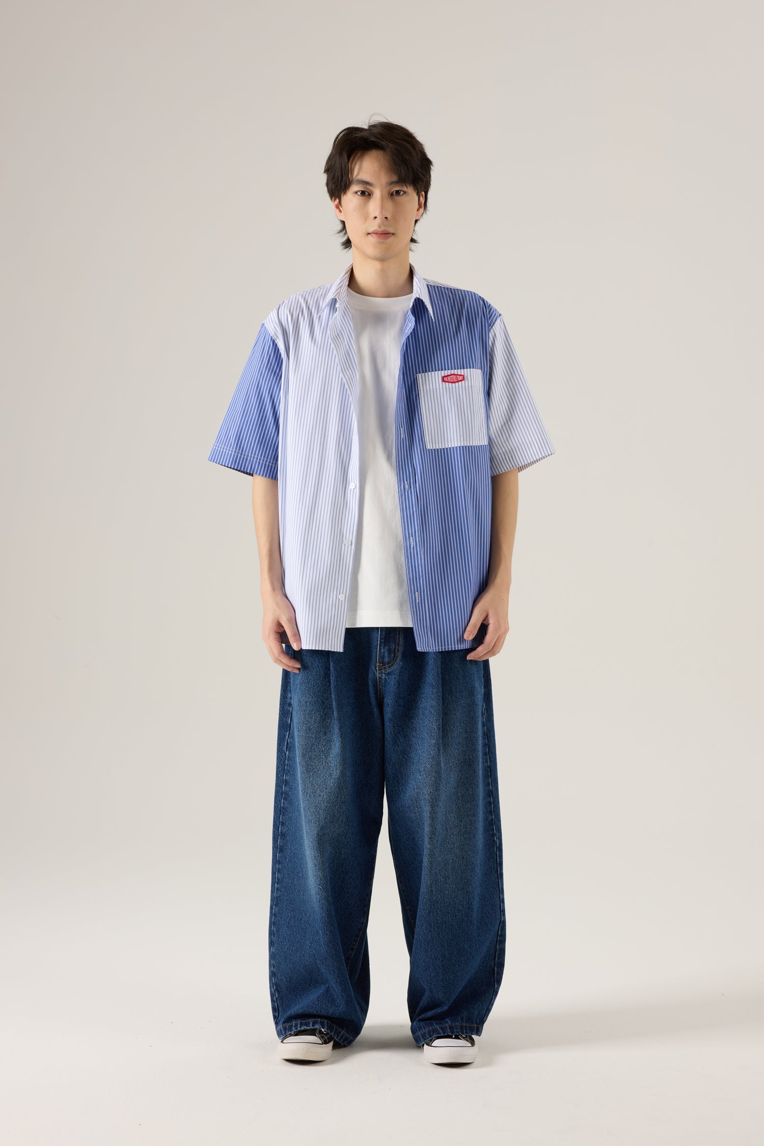 Contrast Stripe Oversized Shirt - Stripes Blue