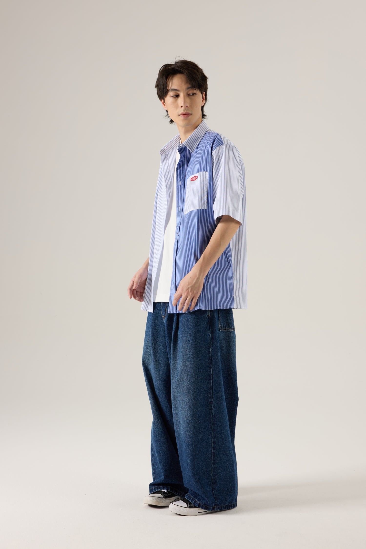 Contrast Stripe Oversized Shirt - Stripes Blue