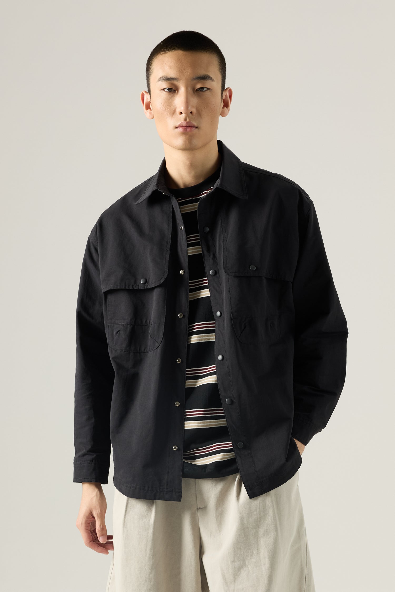 Cotton Nylon Long Sleeve Shirt - Black