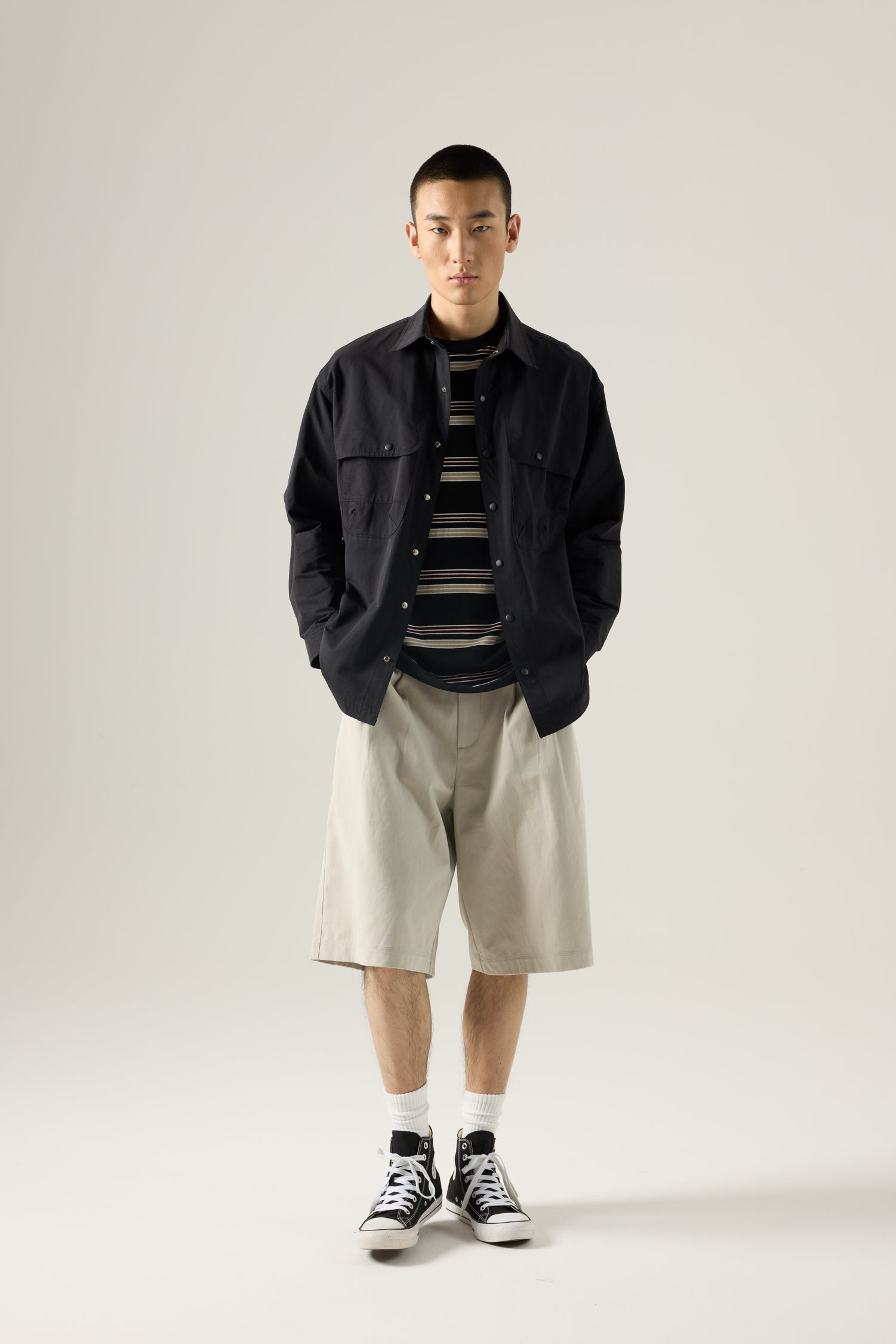 Cotton Nylon Long Sleeve Shirt - Black