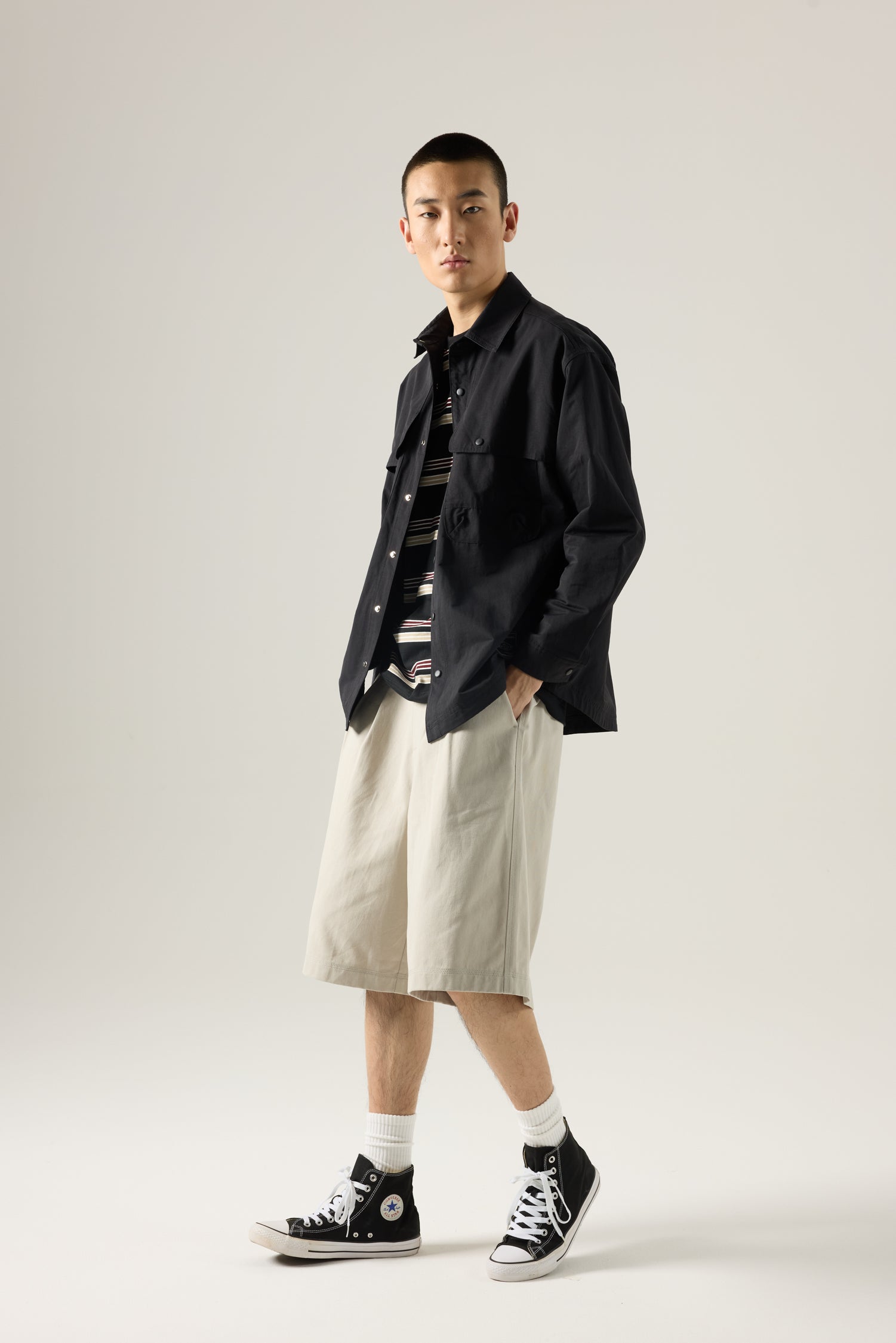 Cotton Nylon Long Sleeve Shirt - Black