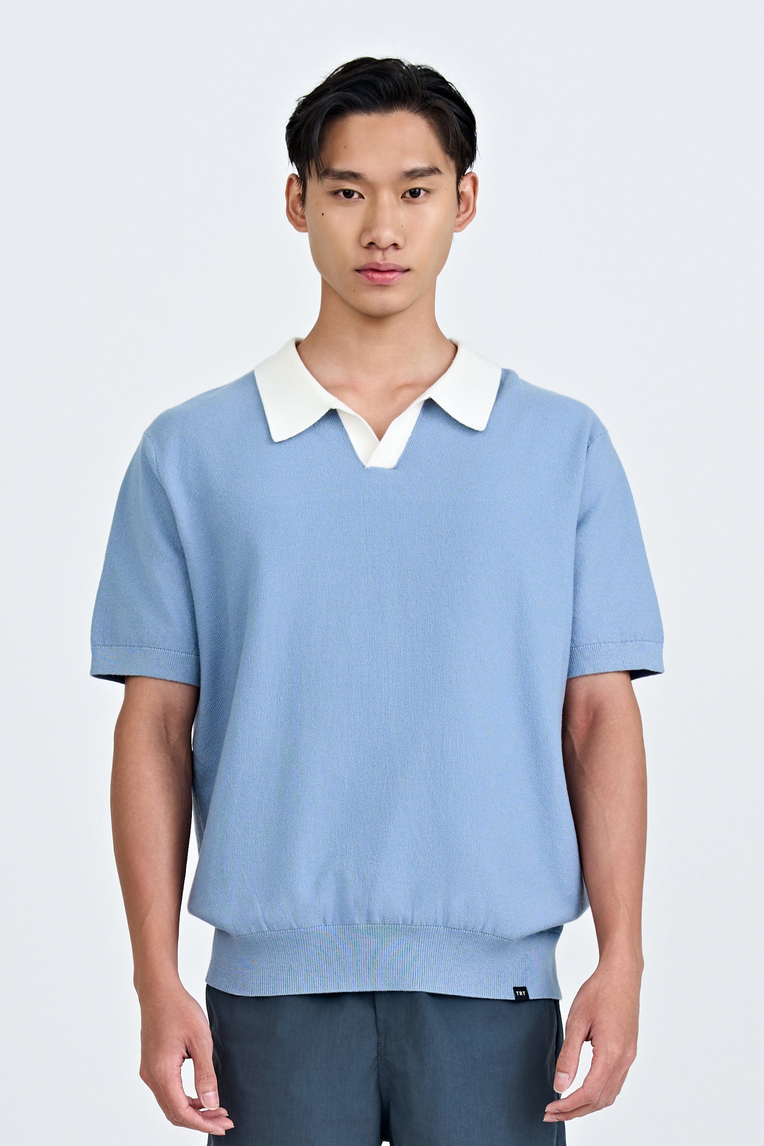 Knitted Open Collar Top - Dusty Blue