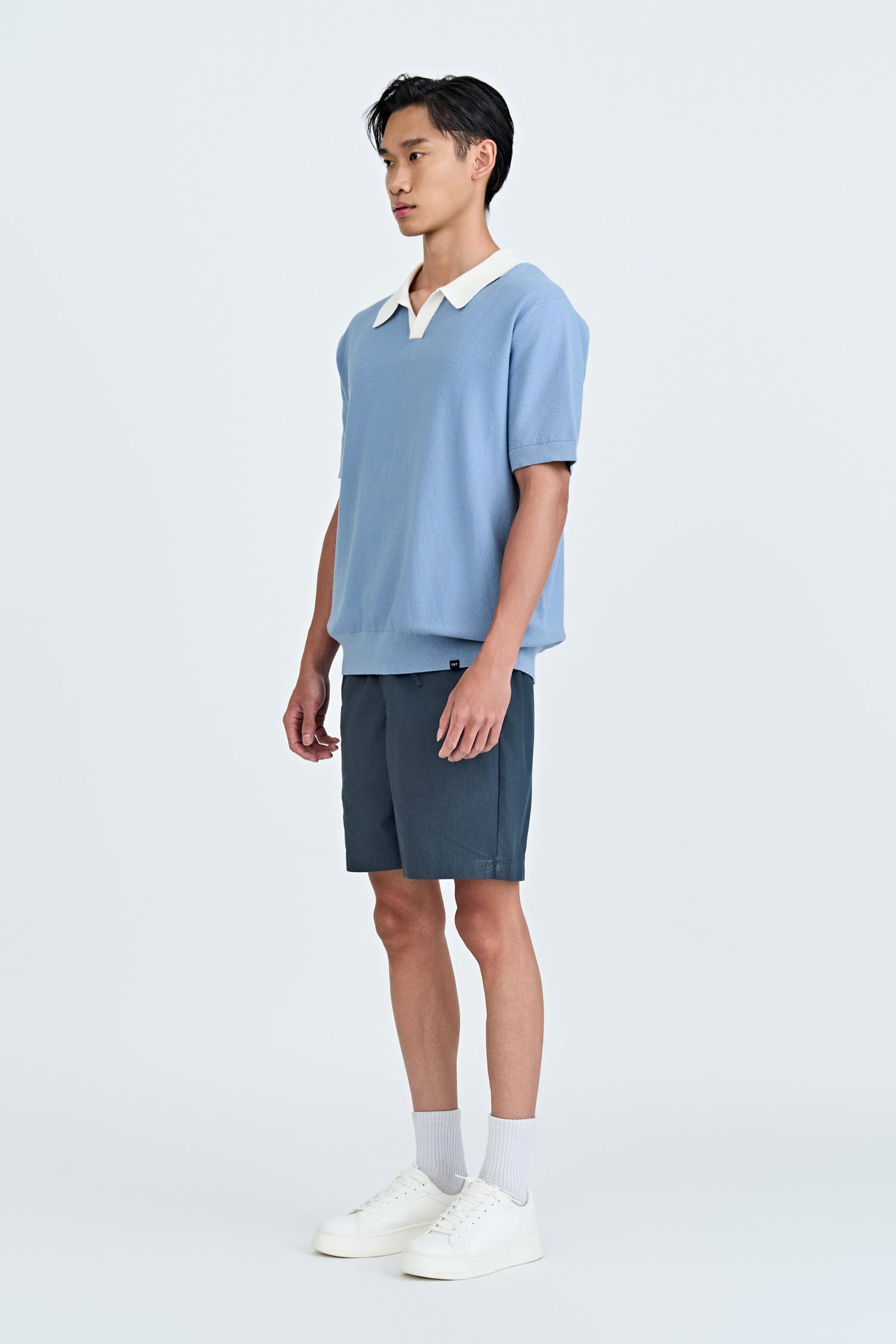 Knitted Open Collar Top - Dusty Blue
