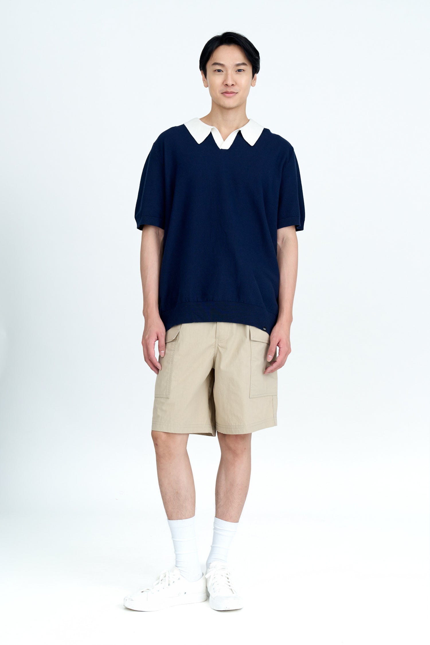 Knitted Open Collar Top - Navy