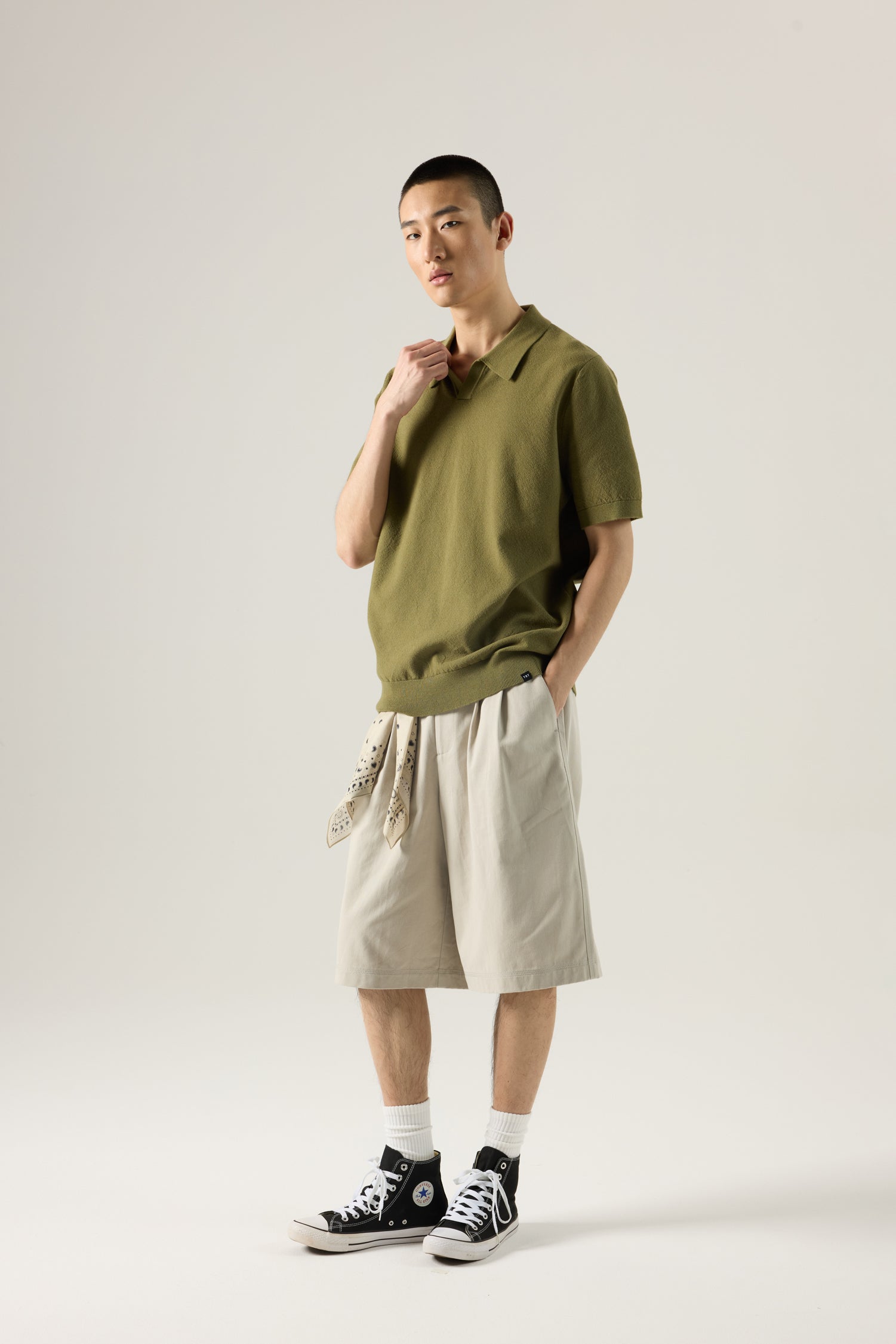 Knitted Open Collar Top - Olive