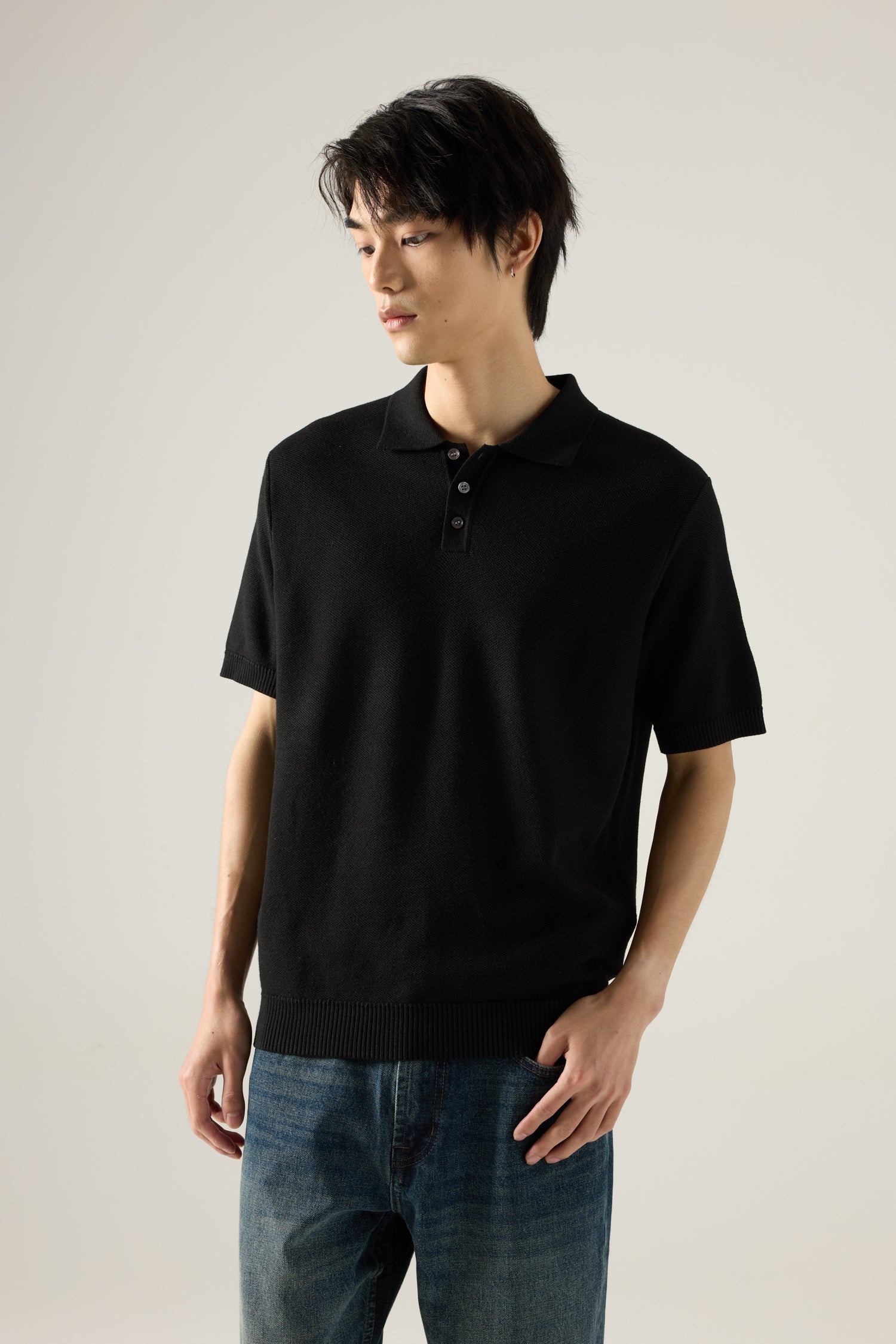 Knitted Polo Tee - Black