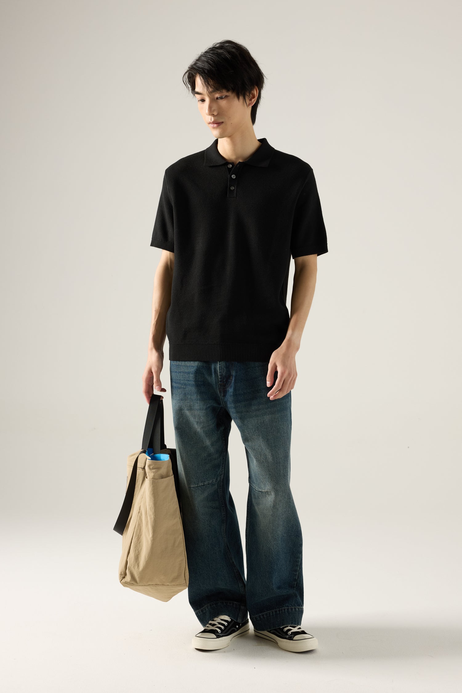 Knitted Polo Tee - Black