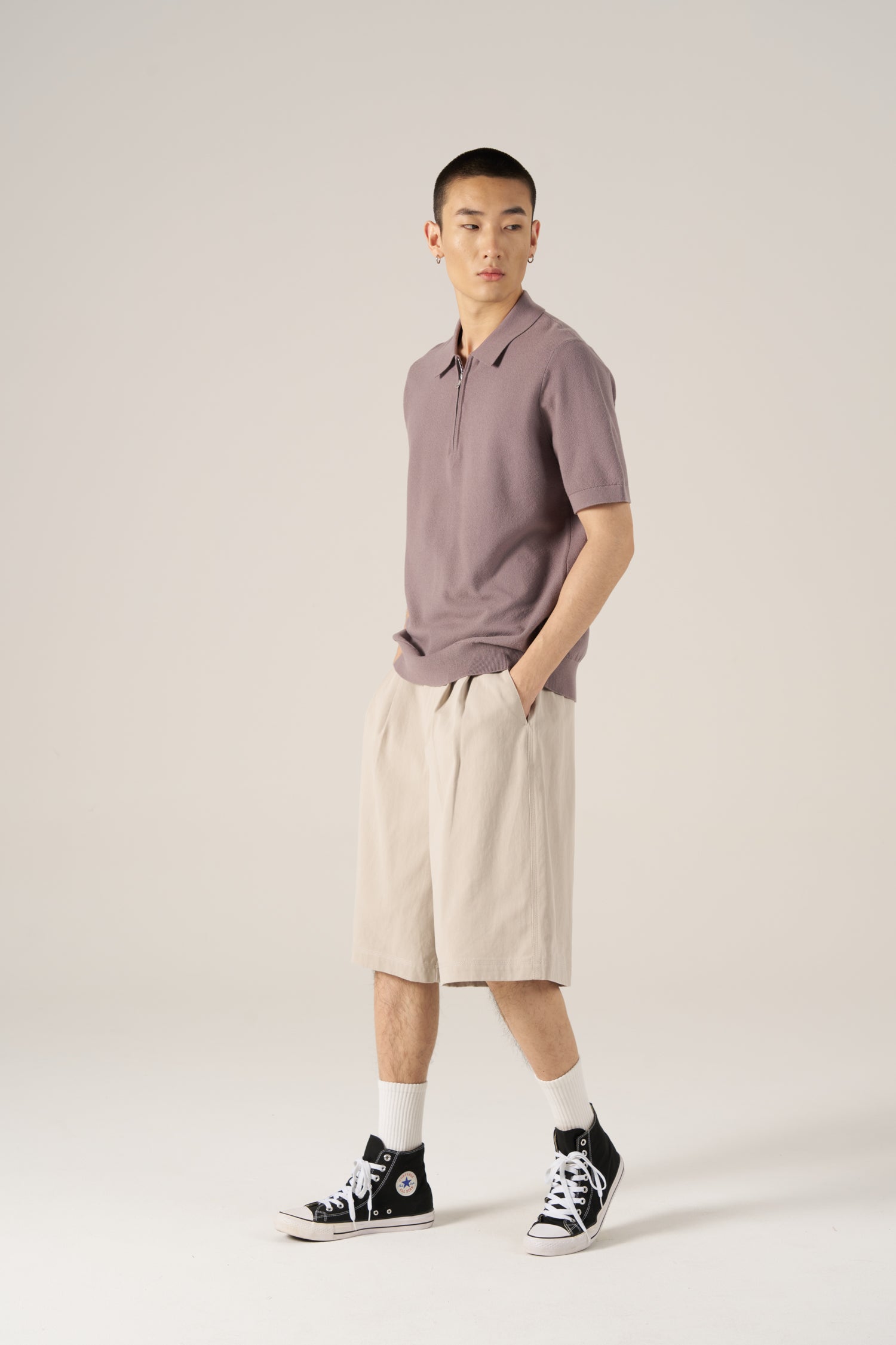 Knit Zip Collar Polo - Dusty Mauve