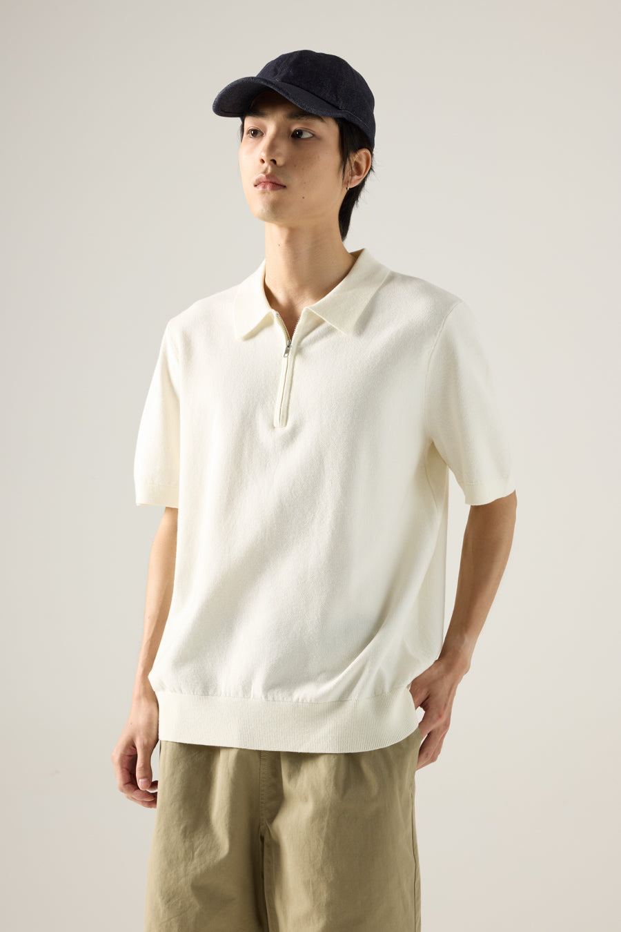 Knit Zip Collar Polo - Cream
