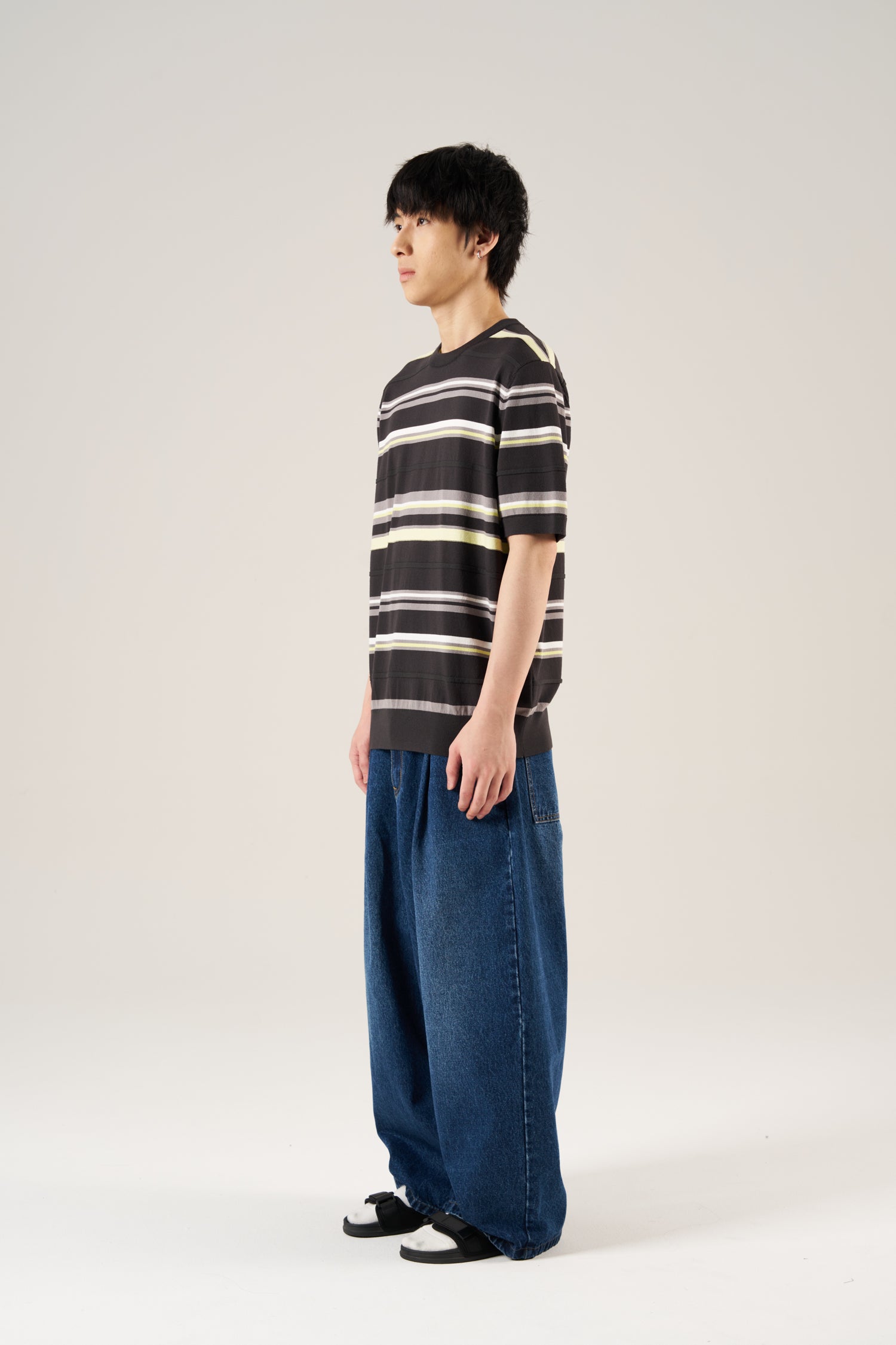 Stripe Ribbed Knit Top - Charcoal