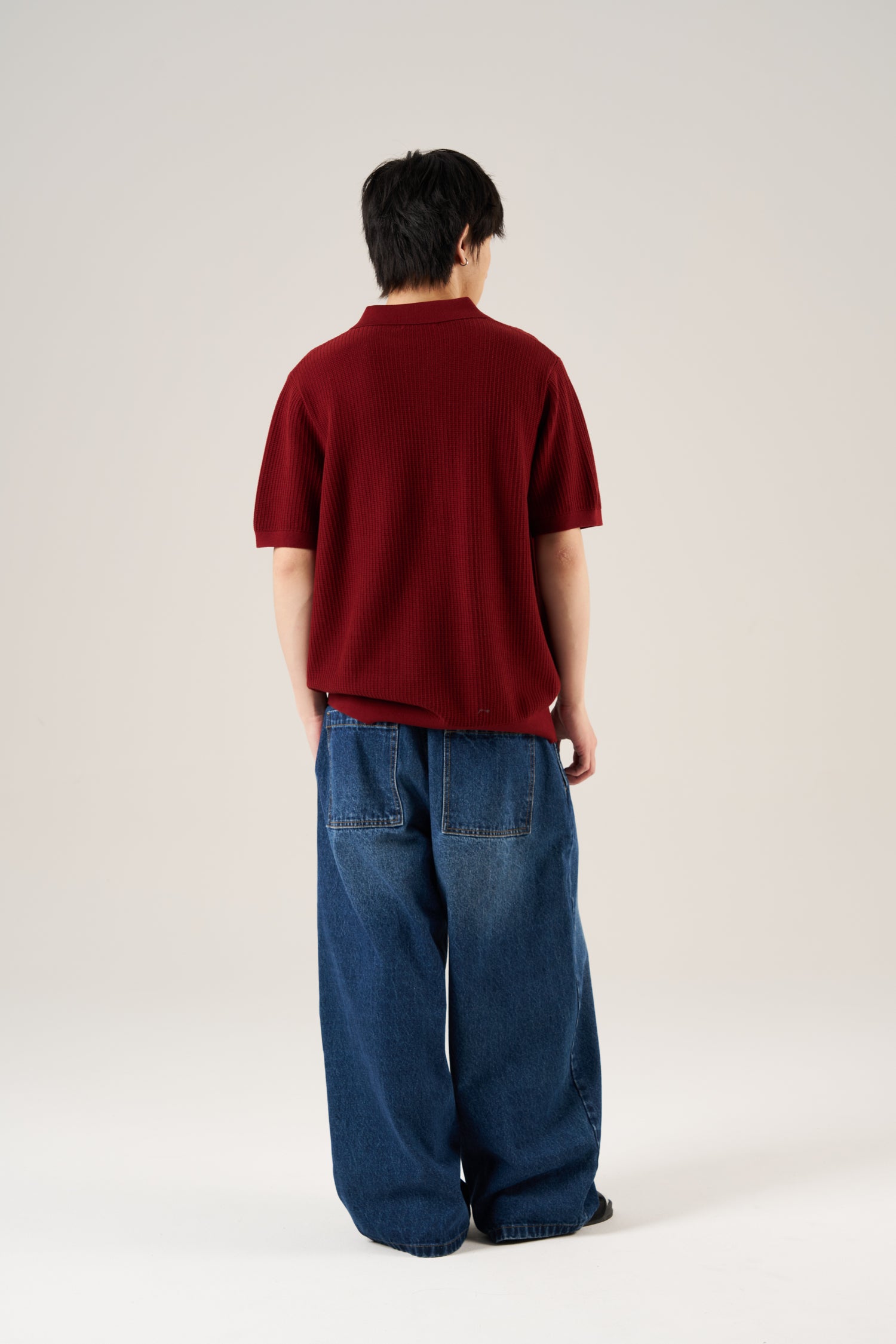 Knitted Waffle Open Collar Tee - Maroon