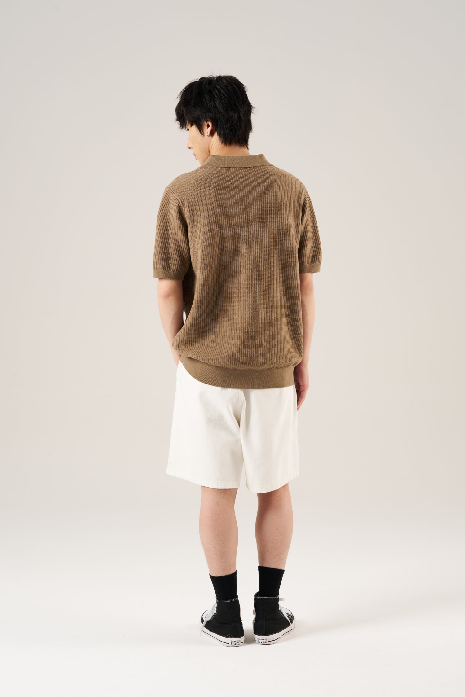 Knitted Waffle Open Collar Tee - Taupe