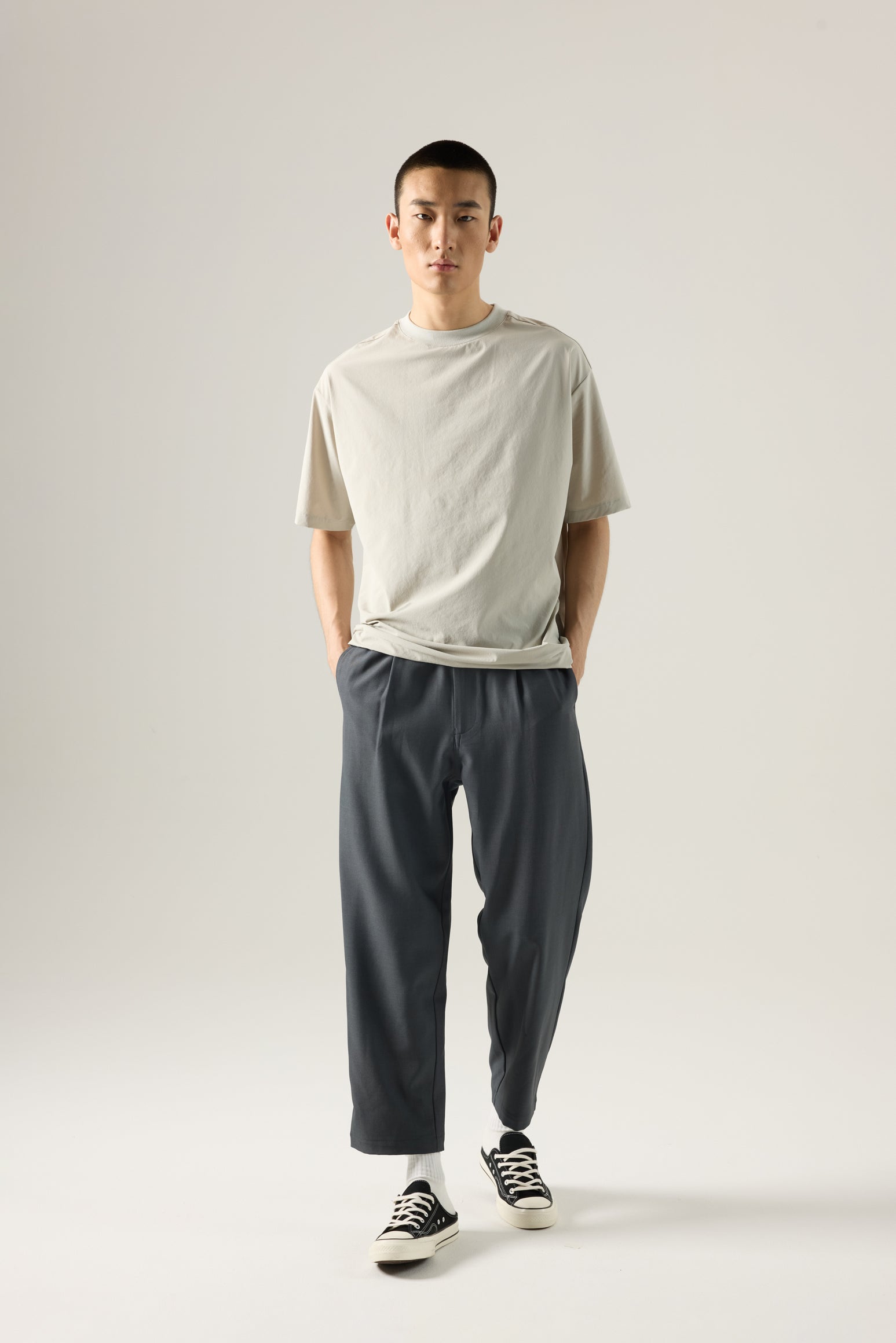 Elasticated Pleated Trousers - Navy