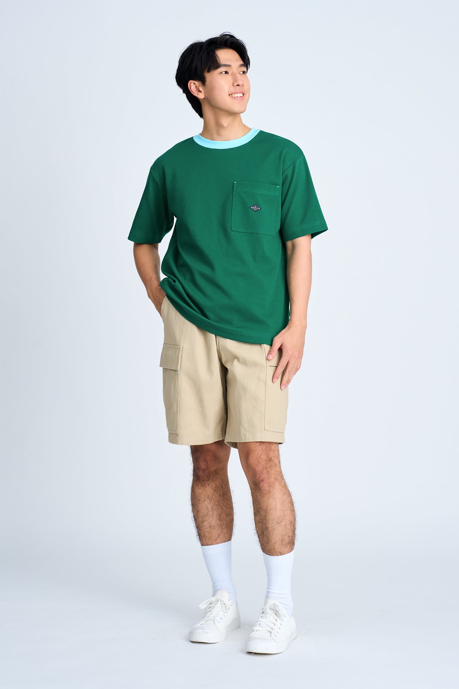 (B) Boxy Twill Jersey Contrast Collar Tee - Grass Green