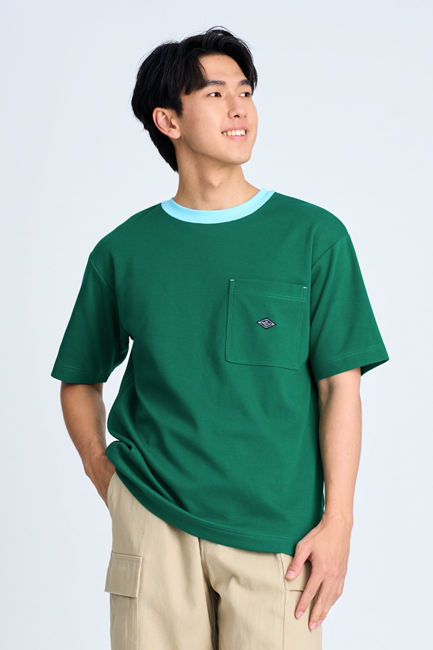 (B) Boxy Twill Jersey Contrast Collar Tee - Grass Green